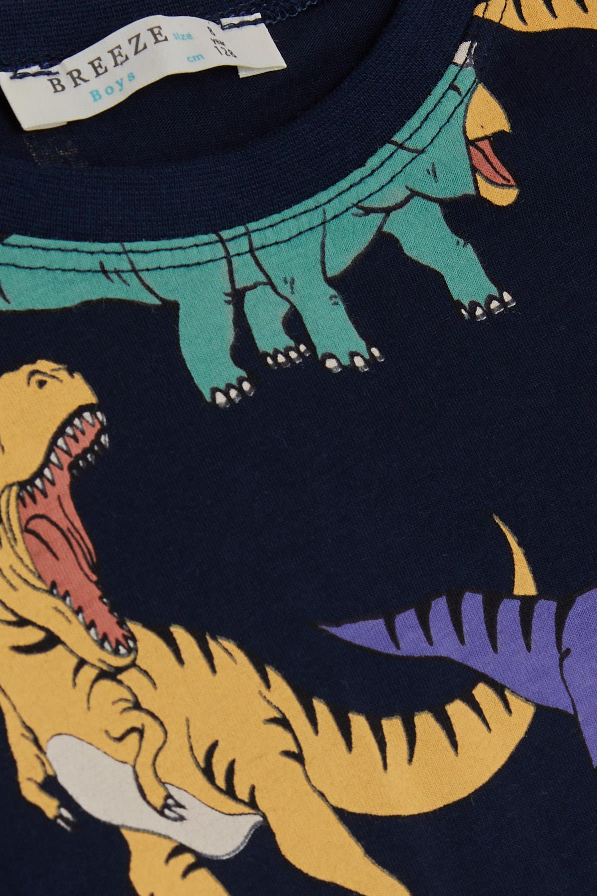 Breeze Erkek Çocuk Pijama Takımı Renkli Dinozor Desenli Lacivert (4-8 Yaş)