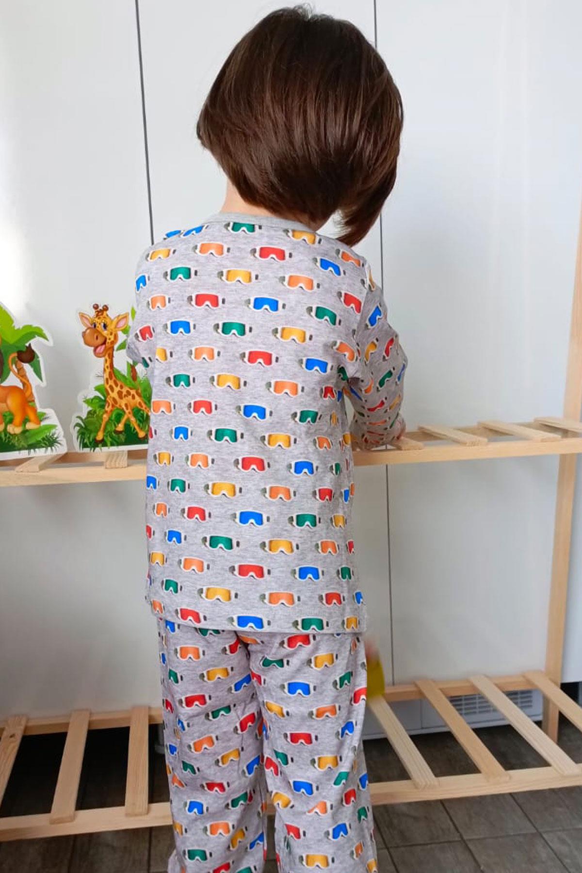 Breeze Erkek Çocuk Pijama Takımı Renkli Kayakçı Gözlüğü Desenli Gri Melanj (1-2 Yaş)