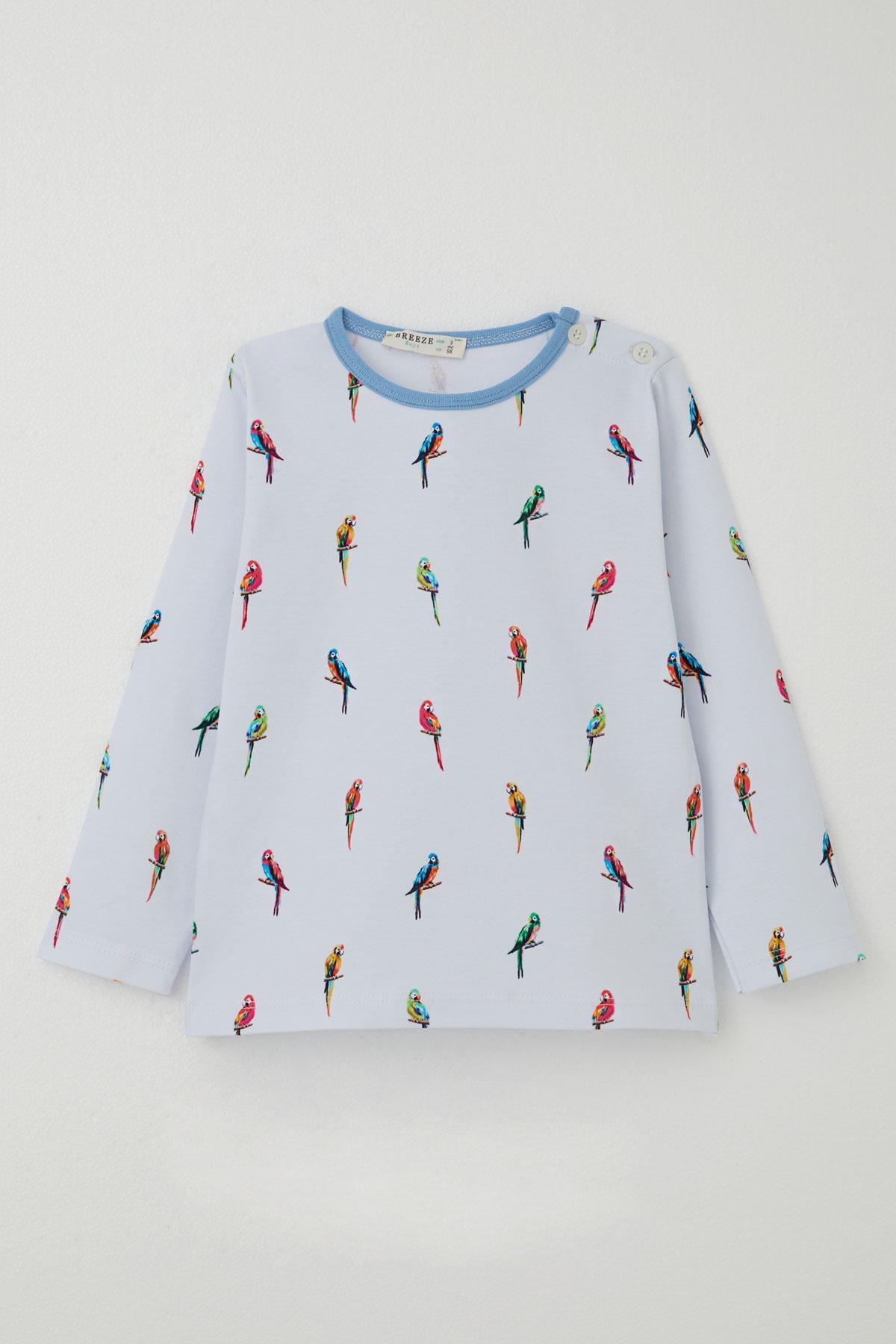 Breeze Erkek Çocuk Pijama Takımı Renkli Papağan Desenli Buz Mavisi (1-2 Yaş)