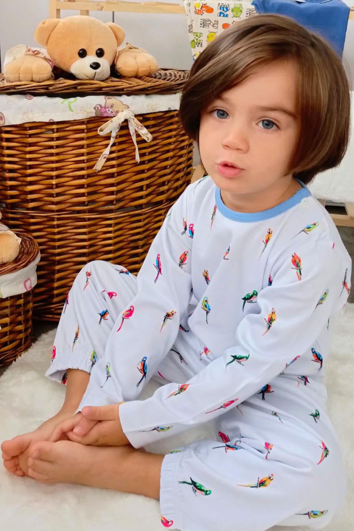 Breeze Erkek Çocuk Pijama Takımı Renkli Papağan Desenli Buz Mavisi (1-2 Yaş)