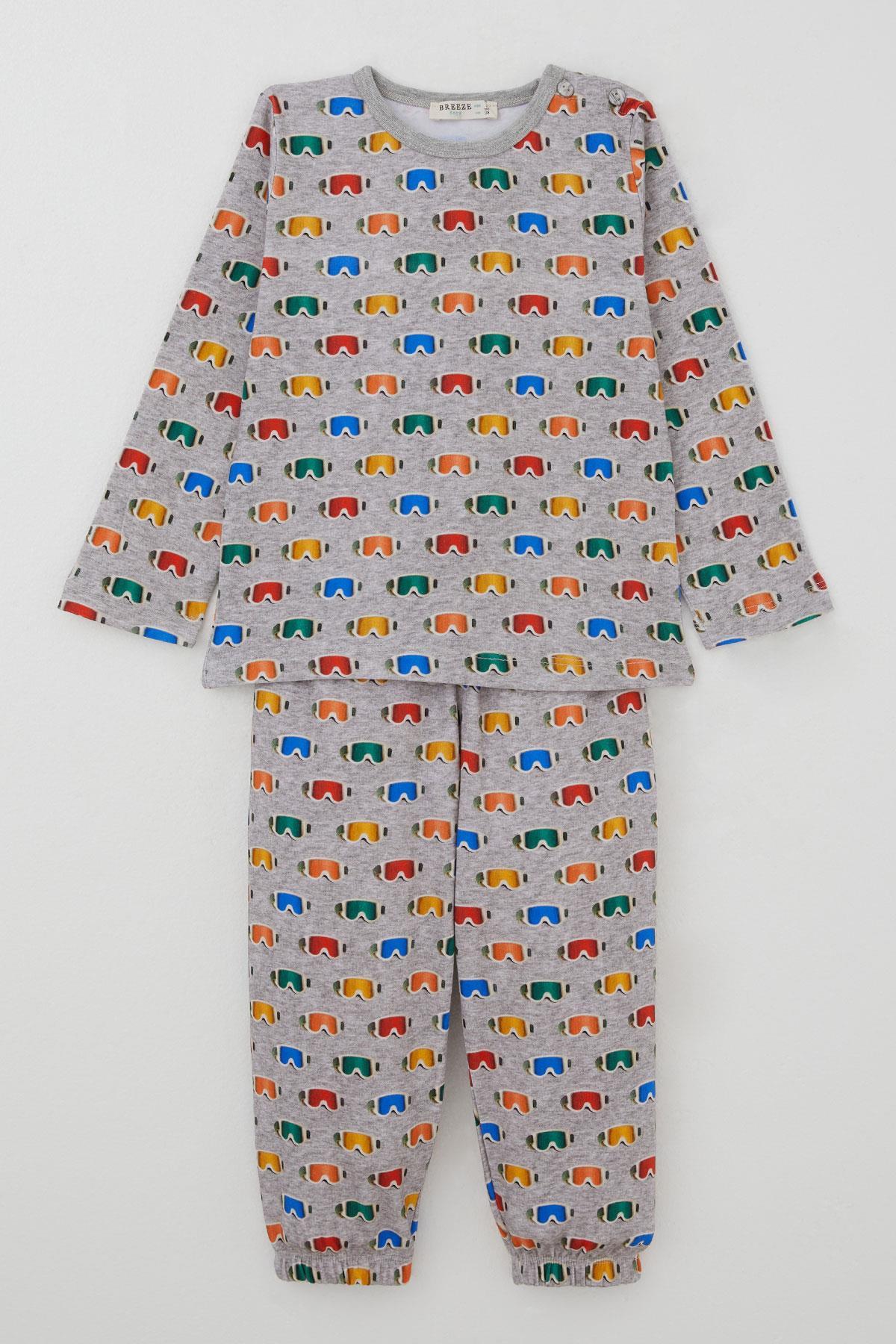 Breeze Erkek Çocuk Pijama Takımı Renkli Kayakçı Gözlüğü Desenli Gri Melanj (1-2 Yaş)