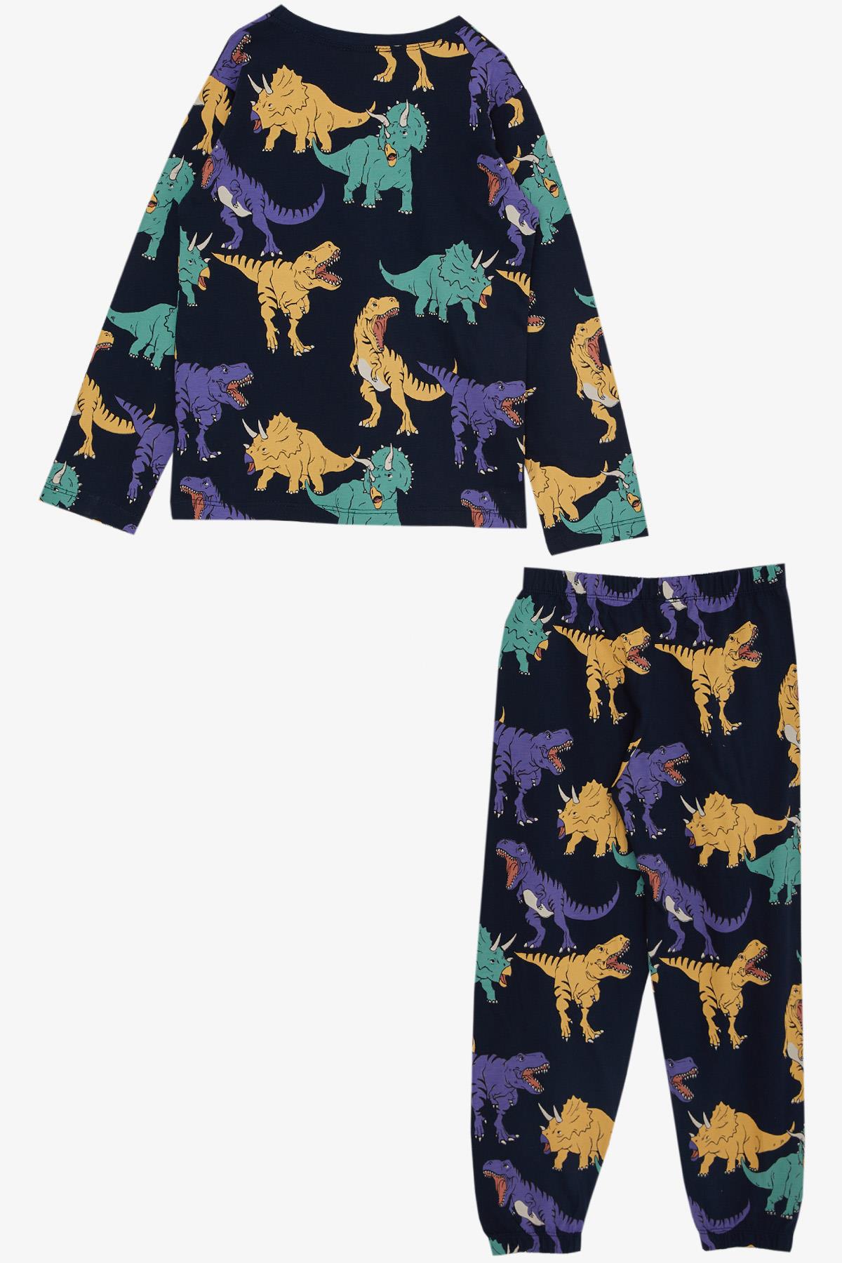 Breeze Erkek Çocuk Pijama Takımı Renkli Dinozor Desenli Lacivert (4-8 Yaş)