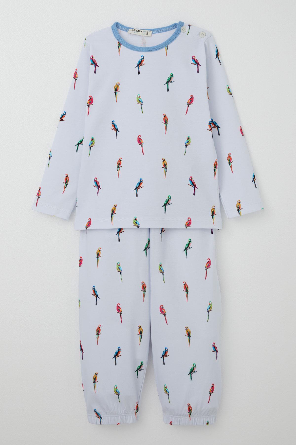 Breeze Erkek Çocuk Pijama Takımı Renkli Papağan Desenli Buz Mavisi (1-2 Yaş)