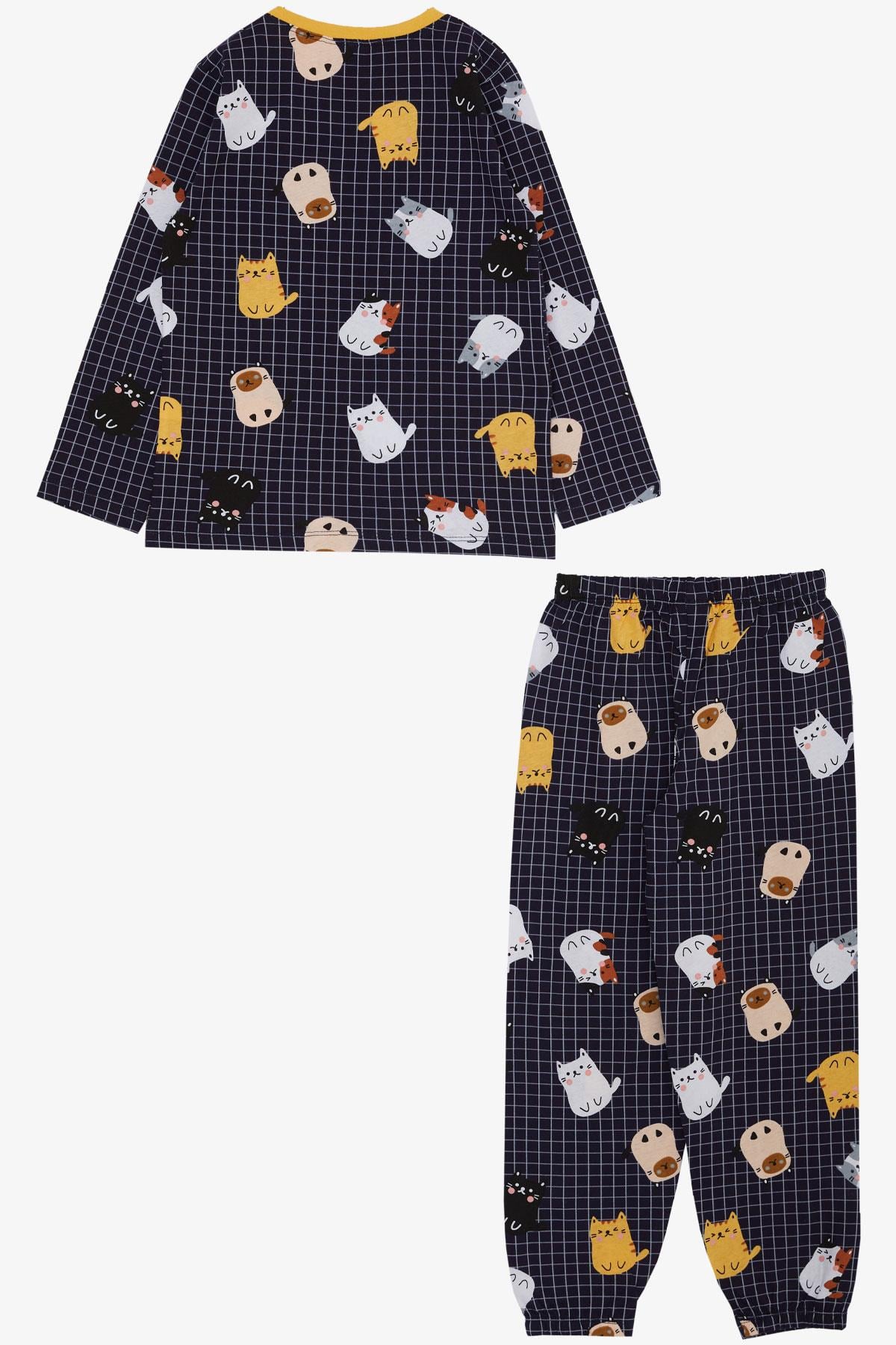 Breeze Erkek Çocuk Pijama Takımı Renkli Kedicik & Kare Desenli Lacivert (4-8 Yaş)