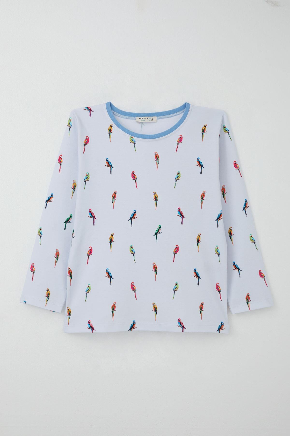 Breeze Erkek Çocuk Pijama Takımı Renkli Papağan Desenli Buz Mavisi (4-8 Yaş)