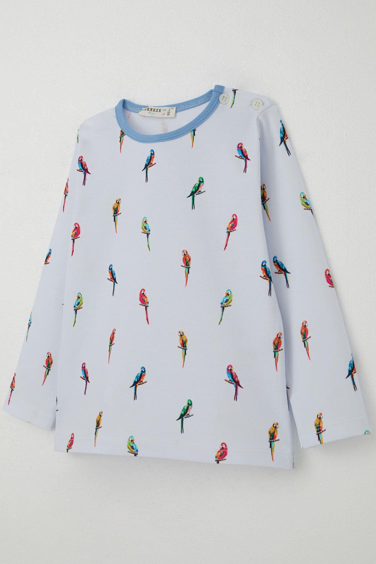Breeze Erkek Çocuk Pijama Takımı Renkli Papağan Desenli Buz Mavisi (1-2 Yaş)