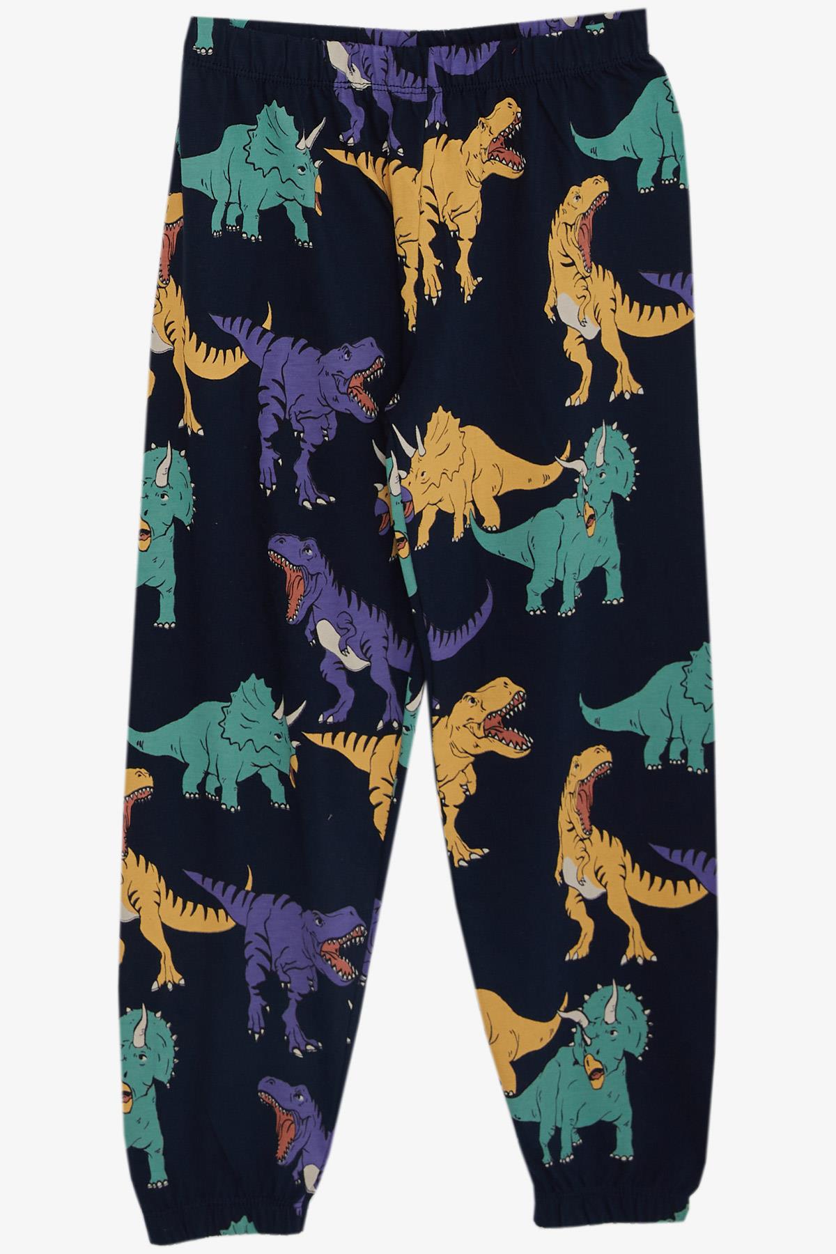 Breeze Erkek Çocuk Pijama Takımı Renkli Dinozor Desenli Lacivert (4-8 Yaş)
