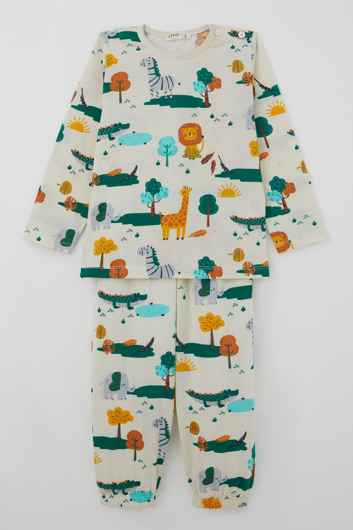 Breeze Erkek Çocuk Pijama Takımı Safari Temalı Sevimli Hayvancıklar Desenli Sarı (9 Ay-3 Yaş)