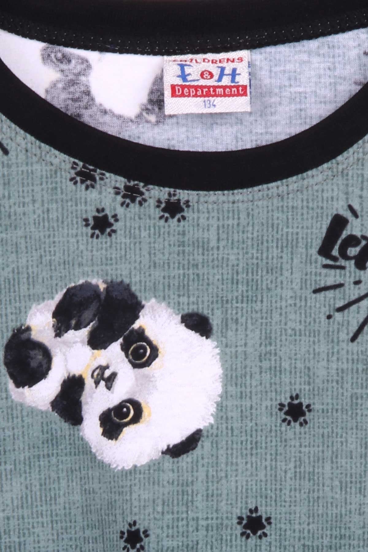 Breeze Erkek Çocuk Pijama Takımı Sevimli Panda Desenli Mint Yeşili (9-12 Yaş)