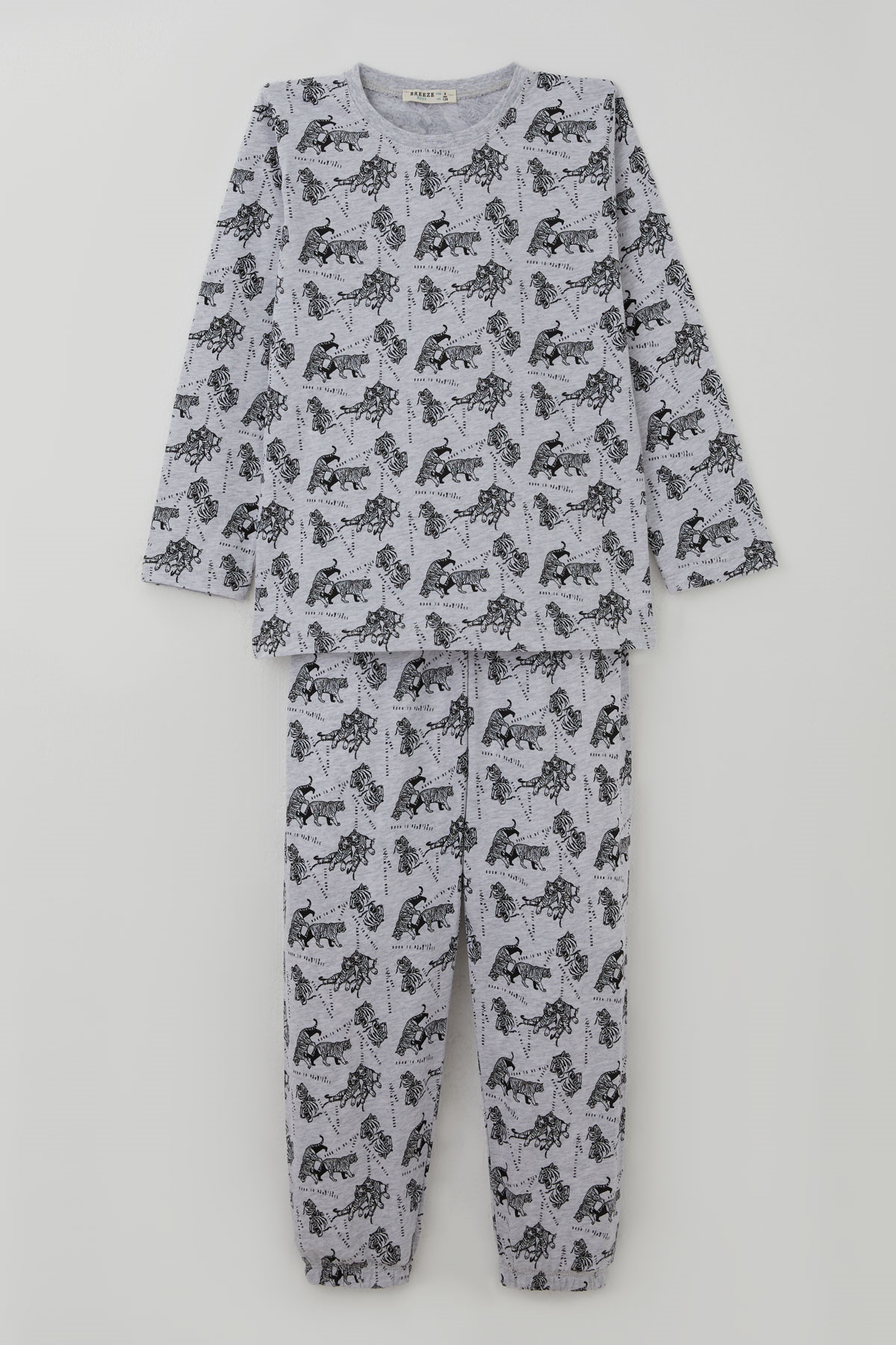 Breeze Erkek Çocuk Pijama Takımı Sevimli Kaplanlar Desenli Açık Gri Melanj (4-8 Yaş)