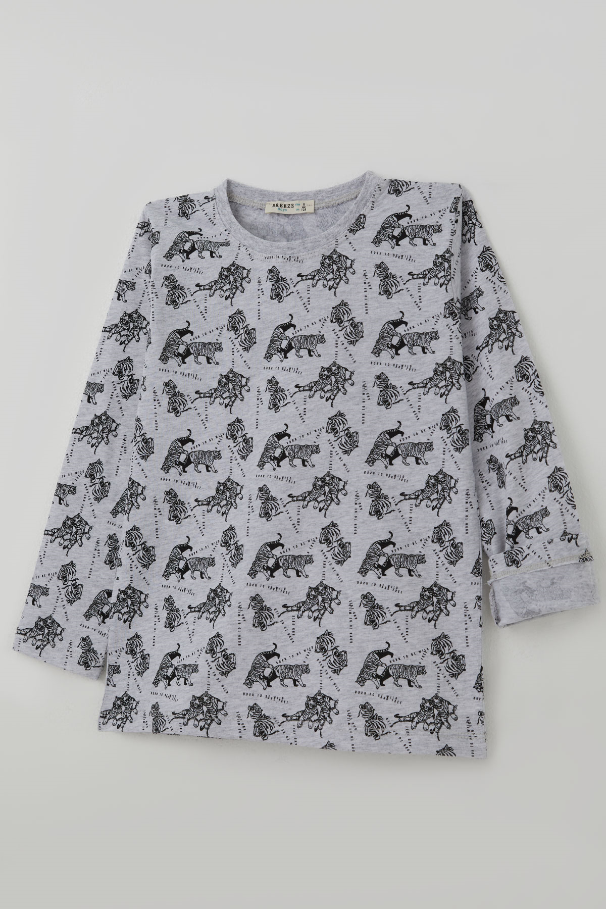 Breeze Erkek Çocuk Pijama Takımı Sevimli Kaplanlar Desenli Açık Gri Melanj (4-8 Yaş)