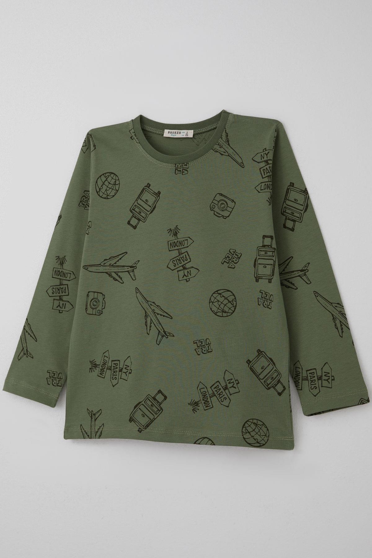 Breeze Erkek Çocuk Pijama Takımı Seyahat Temalı Dünya Gezgini Haki Yeşil (4-8 Yaş)