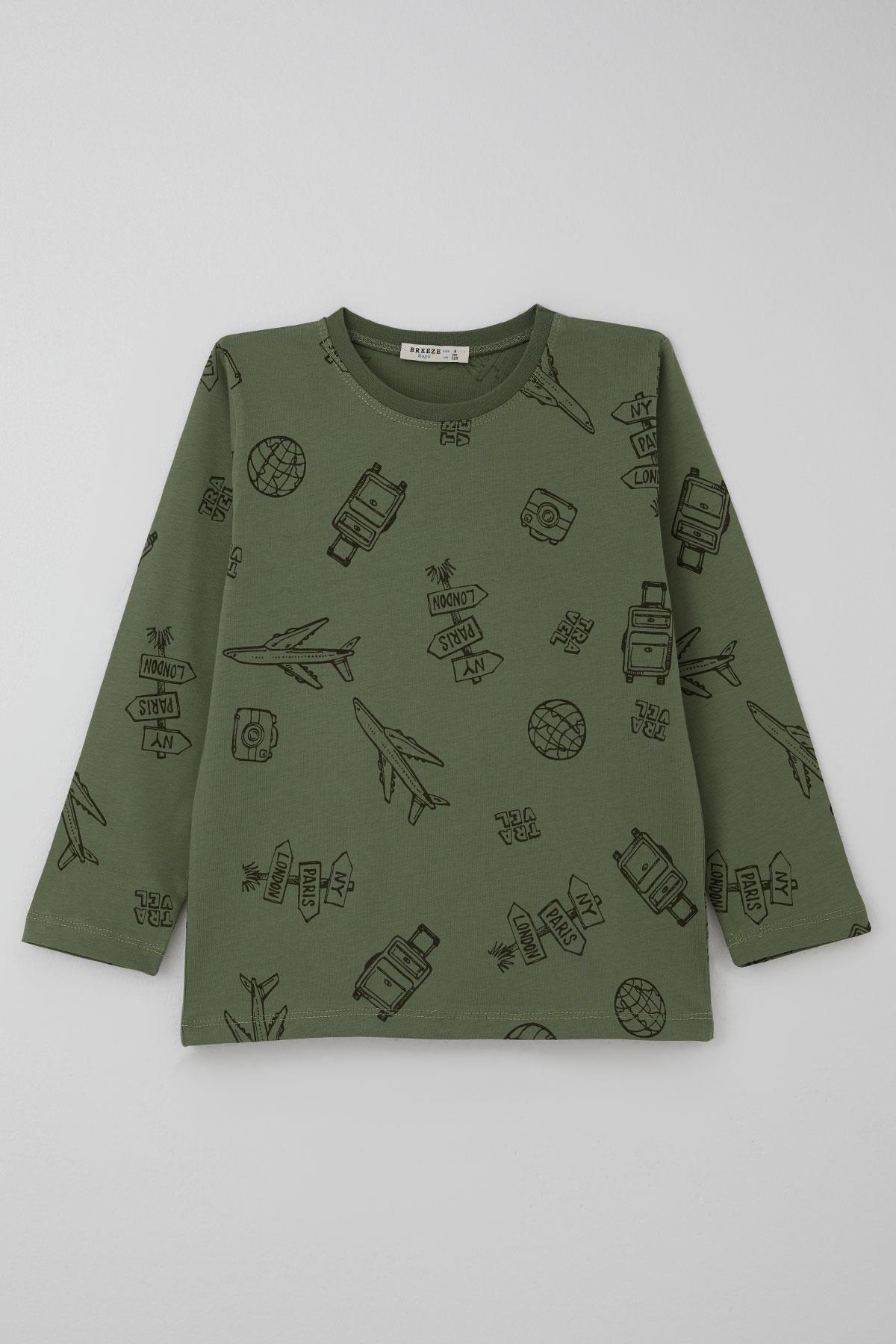 Breeze Erkek Çocuk Pijama Takımı Seyahat Temalı Dünya Gezgini Haki Yeşil (4-8 Yaş)