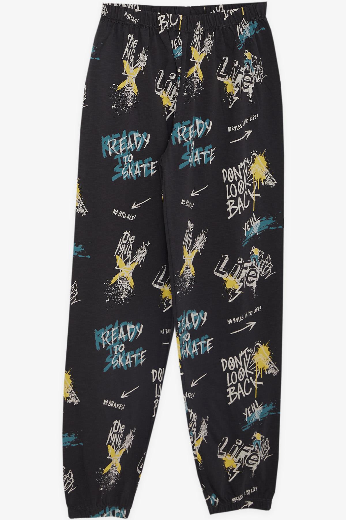Breeze Erkek Çocuk Pijama Takımı Slogan Temalı Yazı Baskılı Füme (9-12 Yaş)