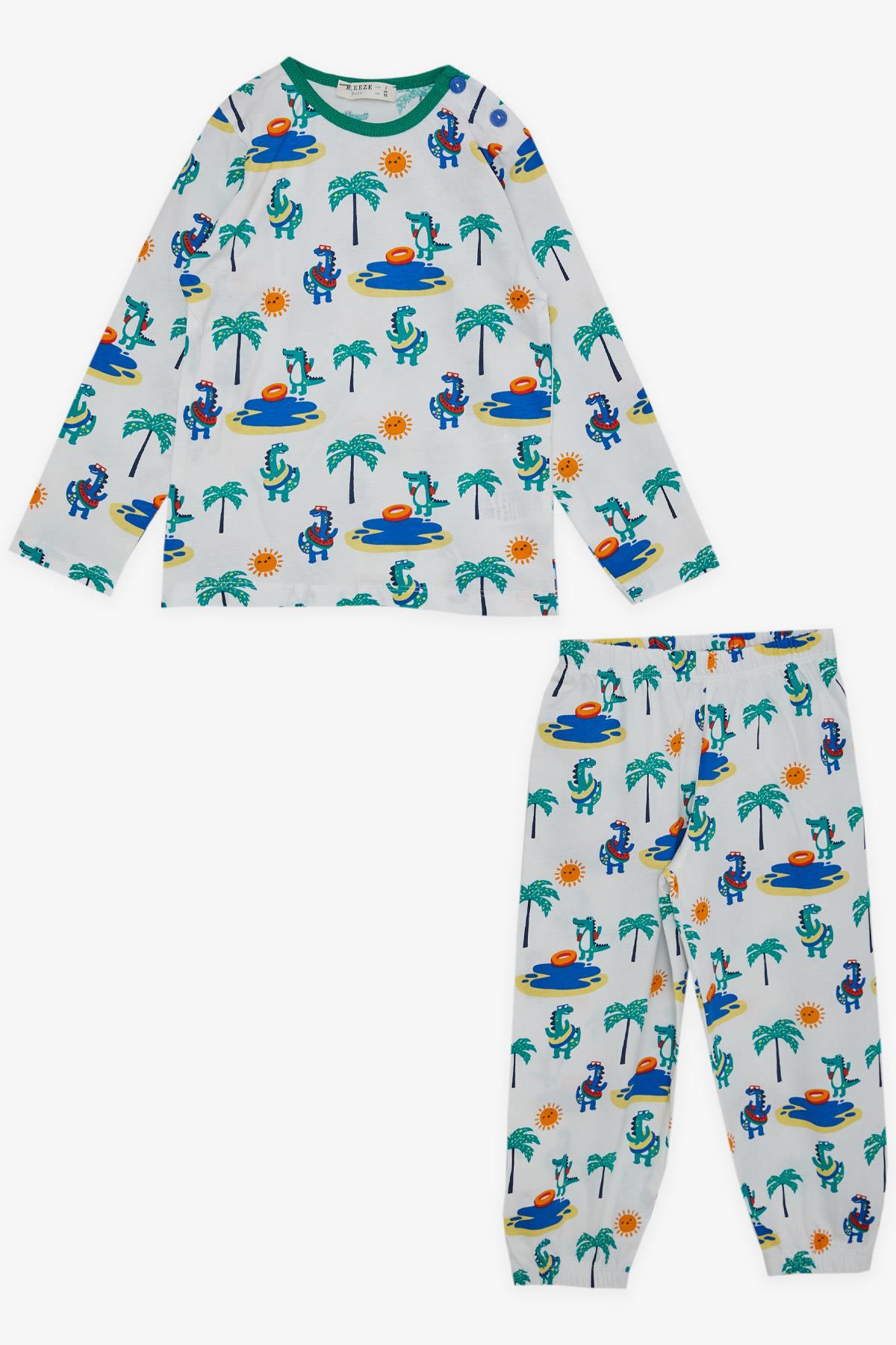 Breeze Erkek Çocuk Pijama Takımı Tatil Temalı Sevimli Hayvancık Desenli Beyaz (1-4 Yaş)