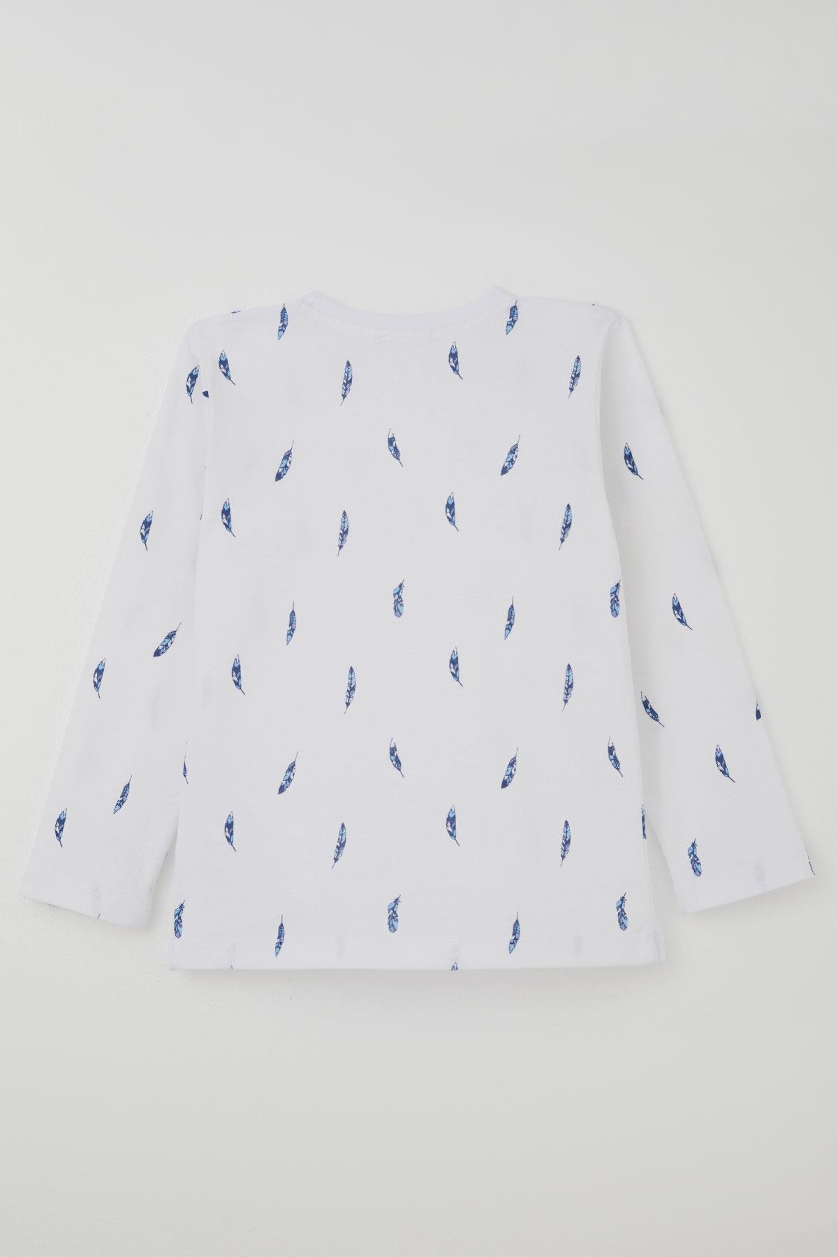 Breeze Erkek Çocuk Pijama Takımı Uçan Mavi Tüy Desenli Beyaz (4-8 Yaş)