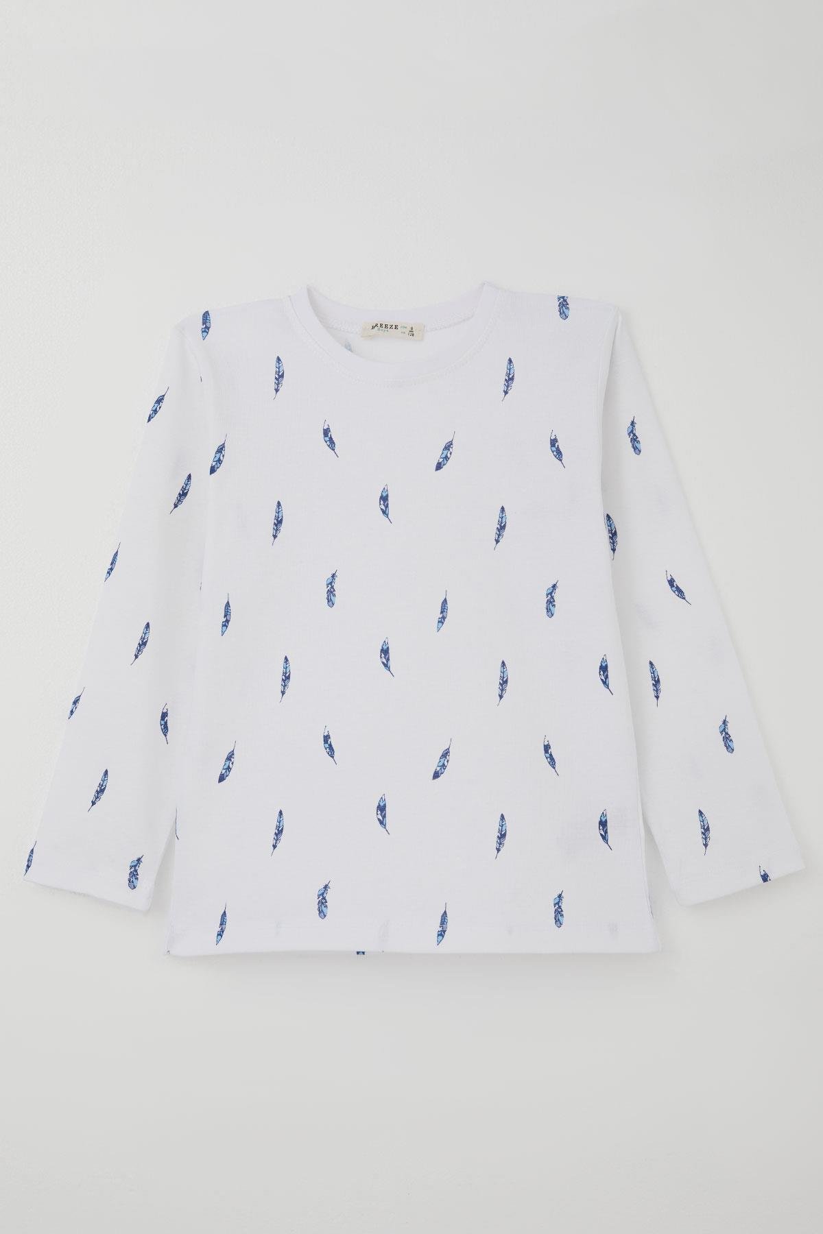 Breeze Erkek Çocuk Pijama Takımı Uçan Mavi Tüy Desenli Beyaz (4-8 Yaş)