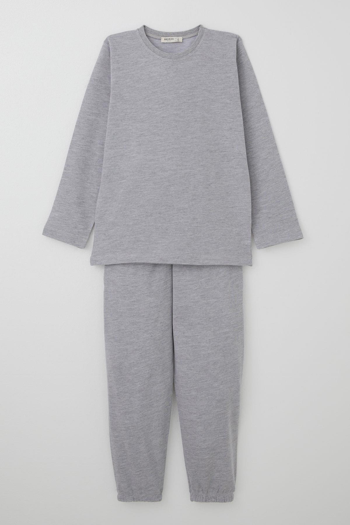 Breeze Erkek Çocuk Pijama Takımı Verev Çizgi Desenli Açık Gri (4-8 Yaş)