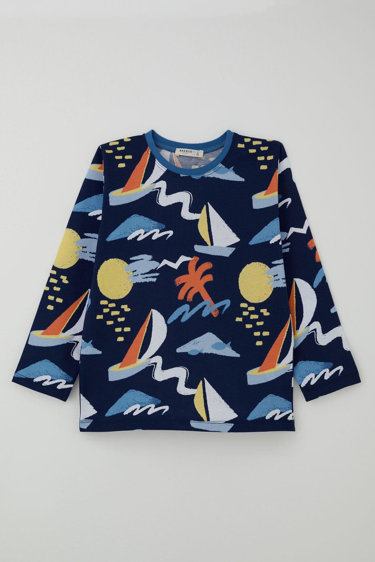 Breeze Erkek Çocuk Pijama Takımı Yaz Temalı Beli Paçası Lastikli Lacivert (4-8 Yaş)