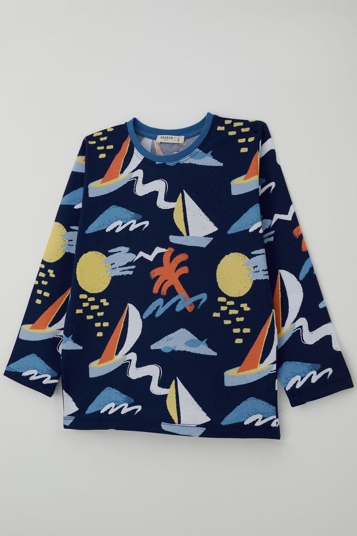 Breeze Erkek Çocuk Pijama Takımı Yaz Temalı Beli Paçası Lastikli Lacivert (4-8 Yaş)