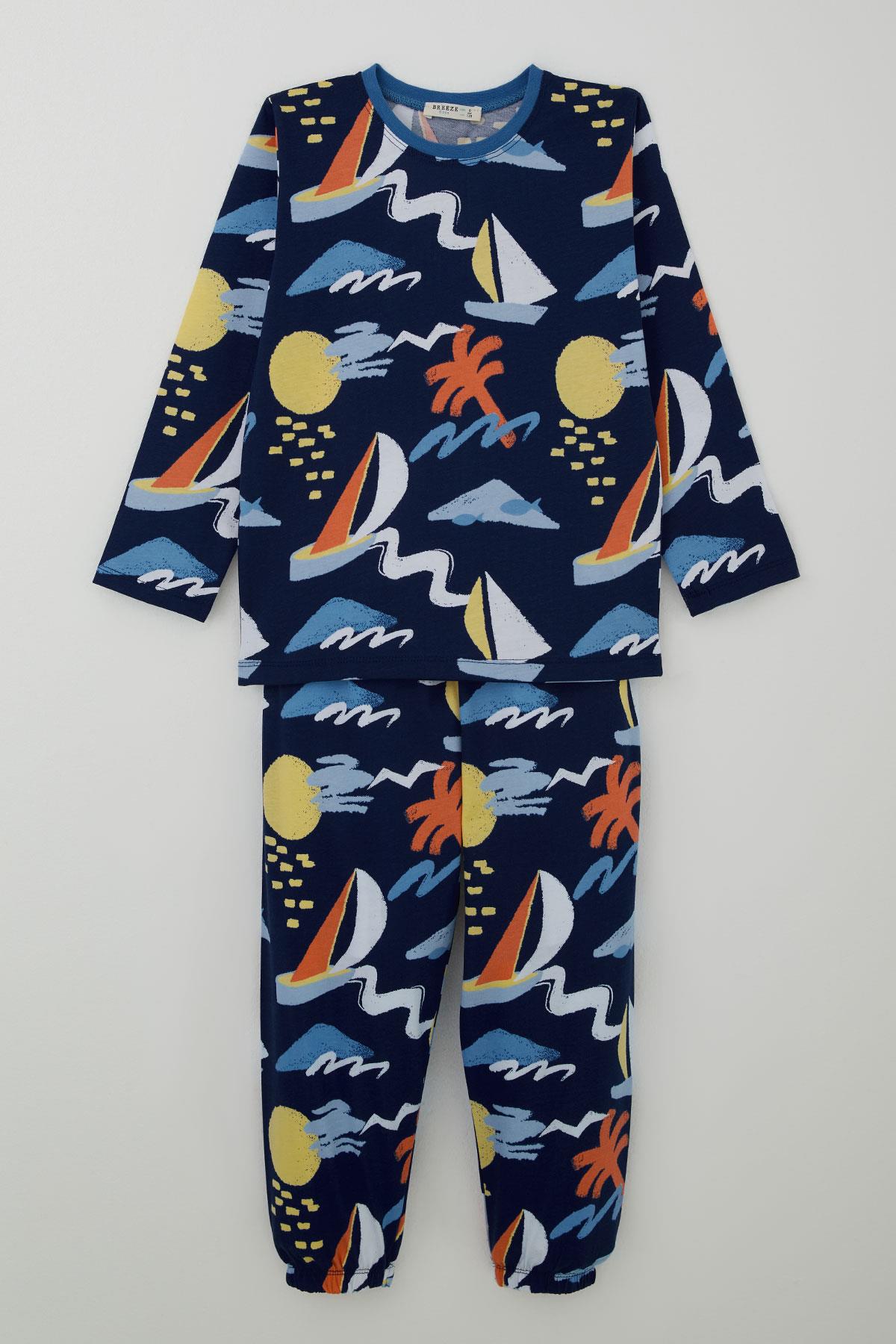 Breeze Erkek Çocuk Pijama Takımı Yaz Temalı Beli Paçası Lastikli Lacivert (4-8 Yaş)