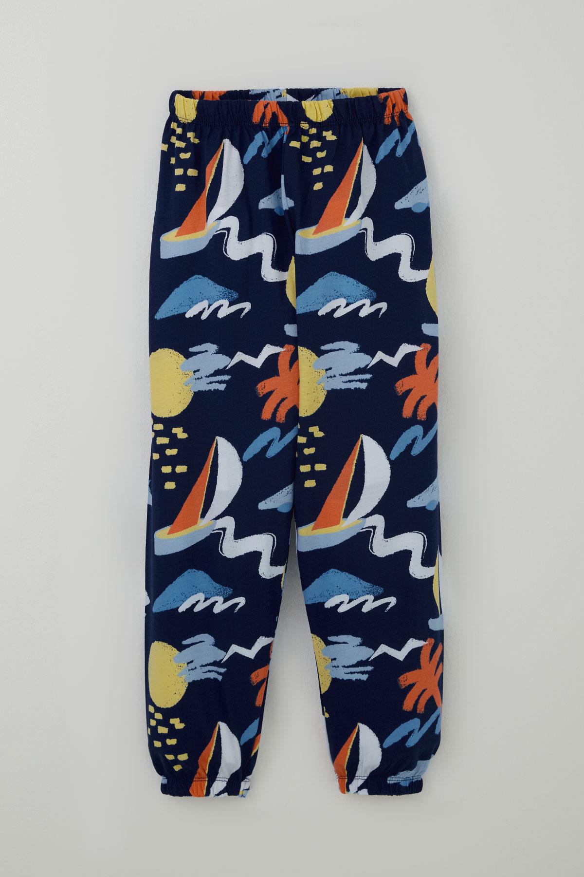 Breeze Erkek Çocuk Pijama Takımı Yaz Temalı Beli Paçası Lastikli Lacivert (4-8 Yaş)