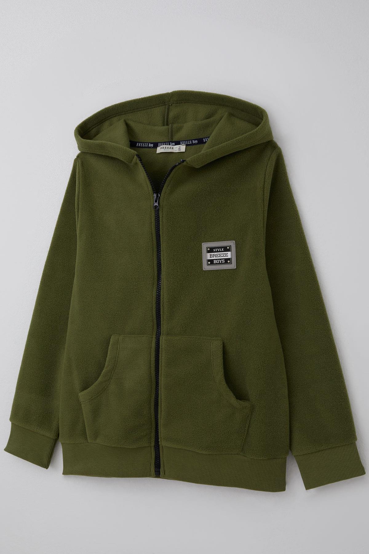 Breeze Erkek Çocuk Polar Hırka Kapüşonlu Arma Detaylı Haki Yeşil (9-14 Yaş)