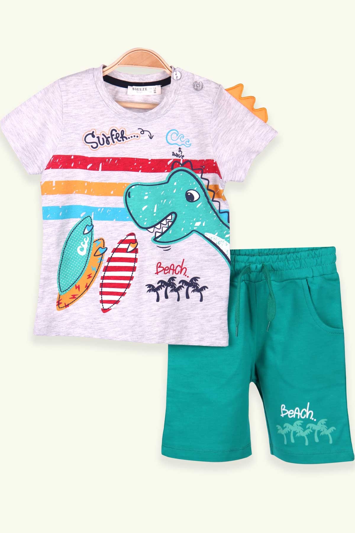 Breeze Erkek Çocuk Şort Takım Dinozor Baskılı Gri Melanj (1.5-5 Yaş)