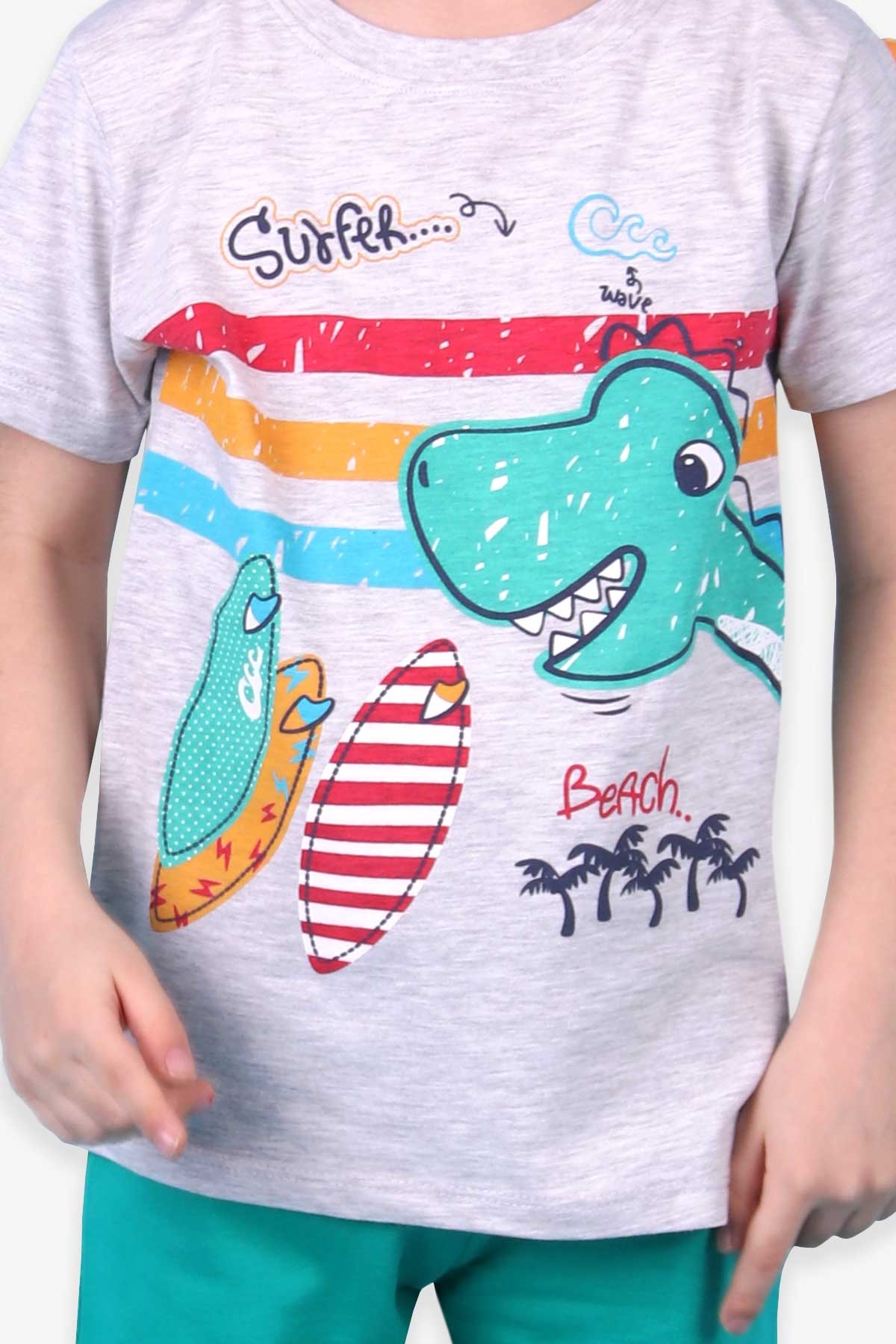 Breeze Erkek Çocuk Şort Takım Dinozor Baskılı Gri Melanj (1.5-5 Yaş)