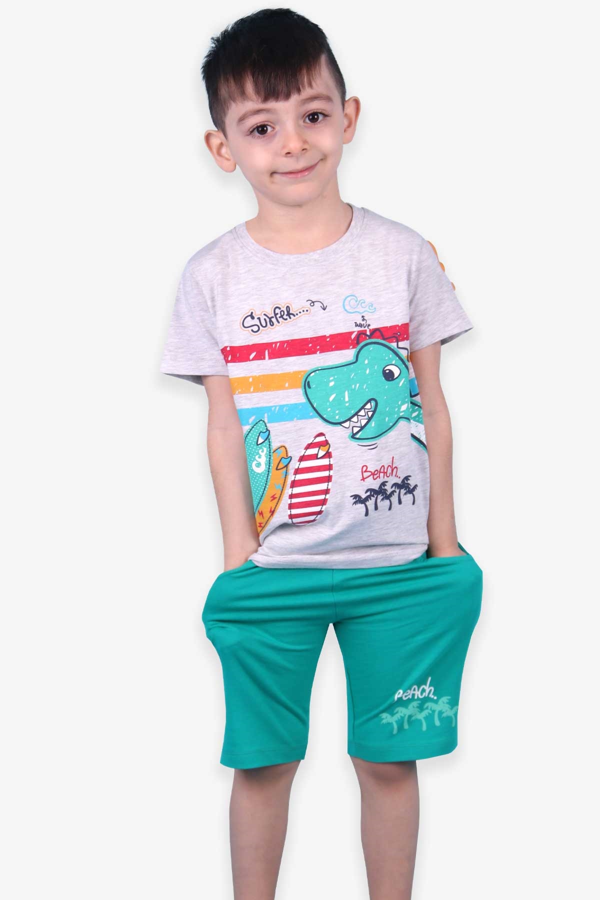 Breeze Erkek Çocuk Şort Takım Dinozor Baskılı Gri Melanj (1.5-5 Yaş)