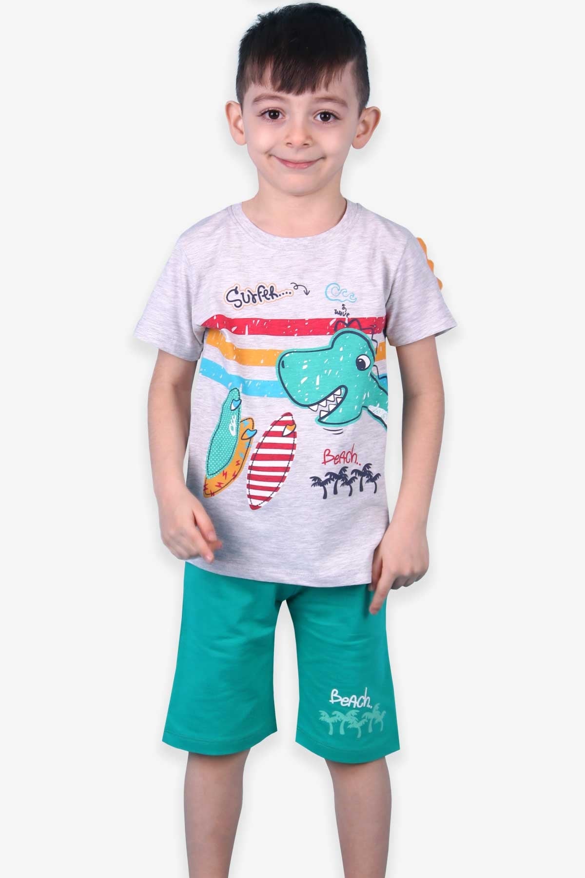 Breeze Erkek Çocuk Şort Takım Dinozor Baskılı Gri Melanj (1.5-5 Yaş)