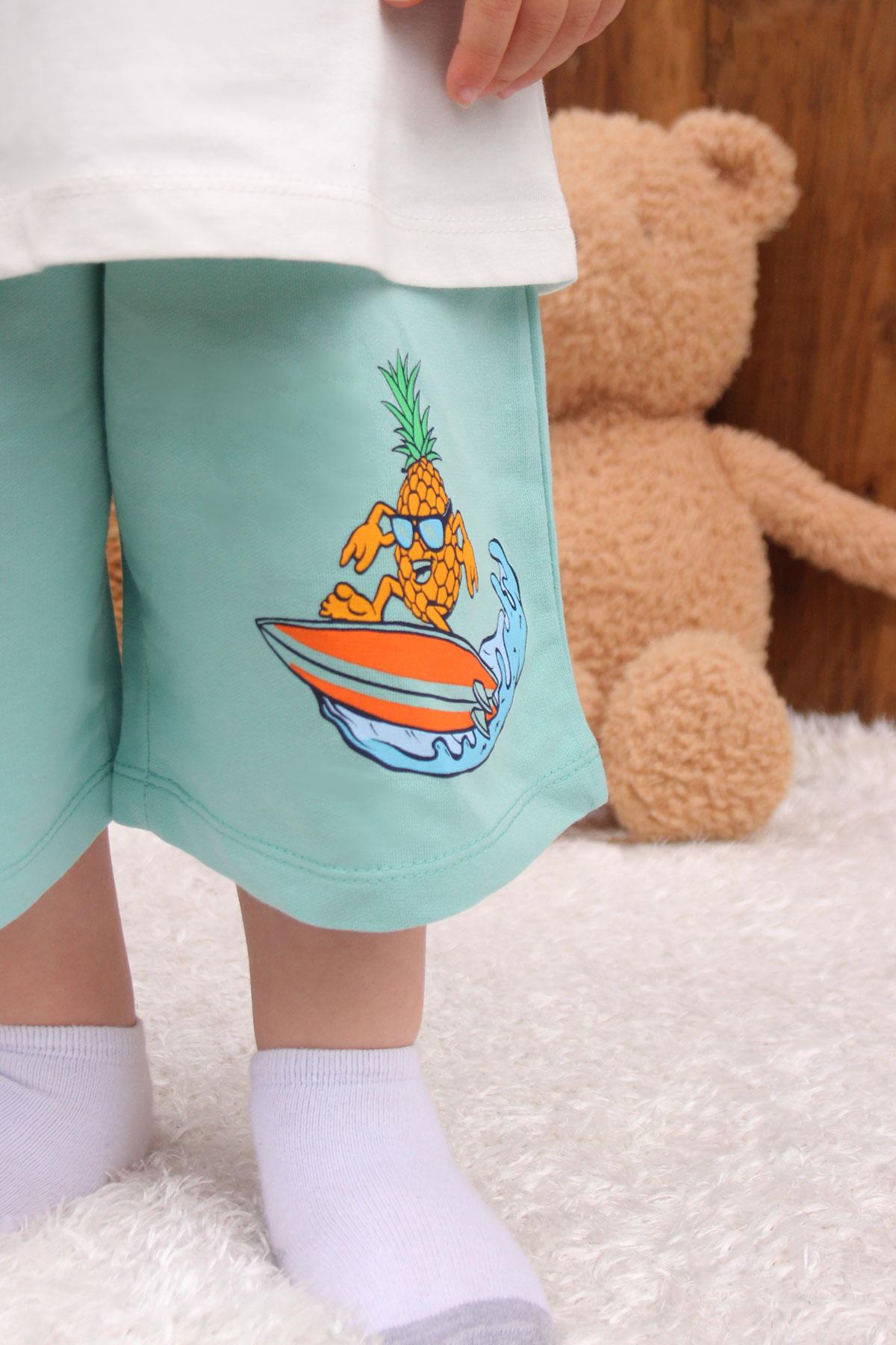 Breeze Erkek Çocuk Şort Takım Yaz Temalı Sörfçü Ananas Baskılı Ekru (3-5 Yaş)