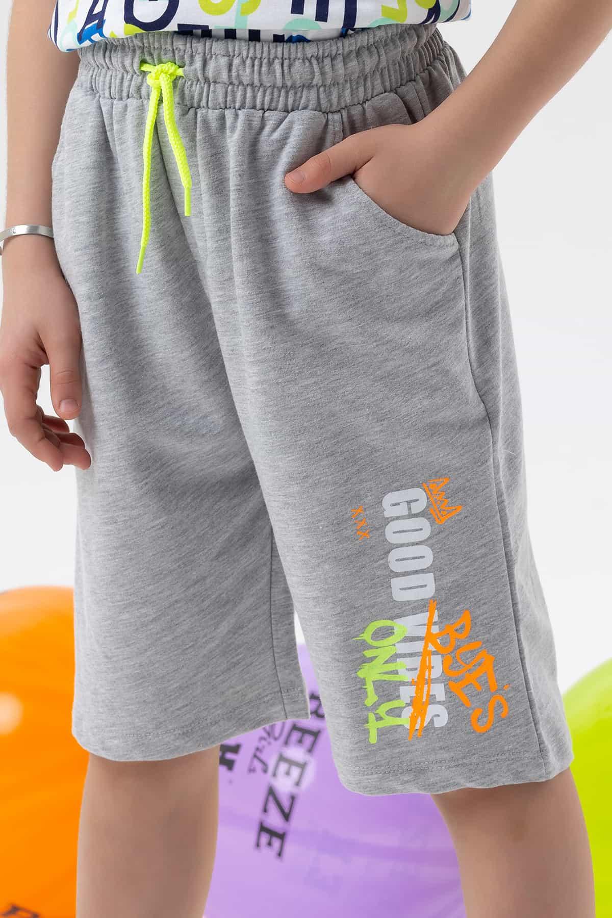 Breeze Erkek Çocuk Şort Yazı Baskılı Açık Gri Melanj (8-14 Yaş)