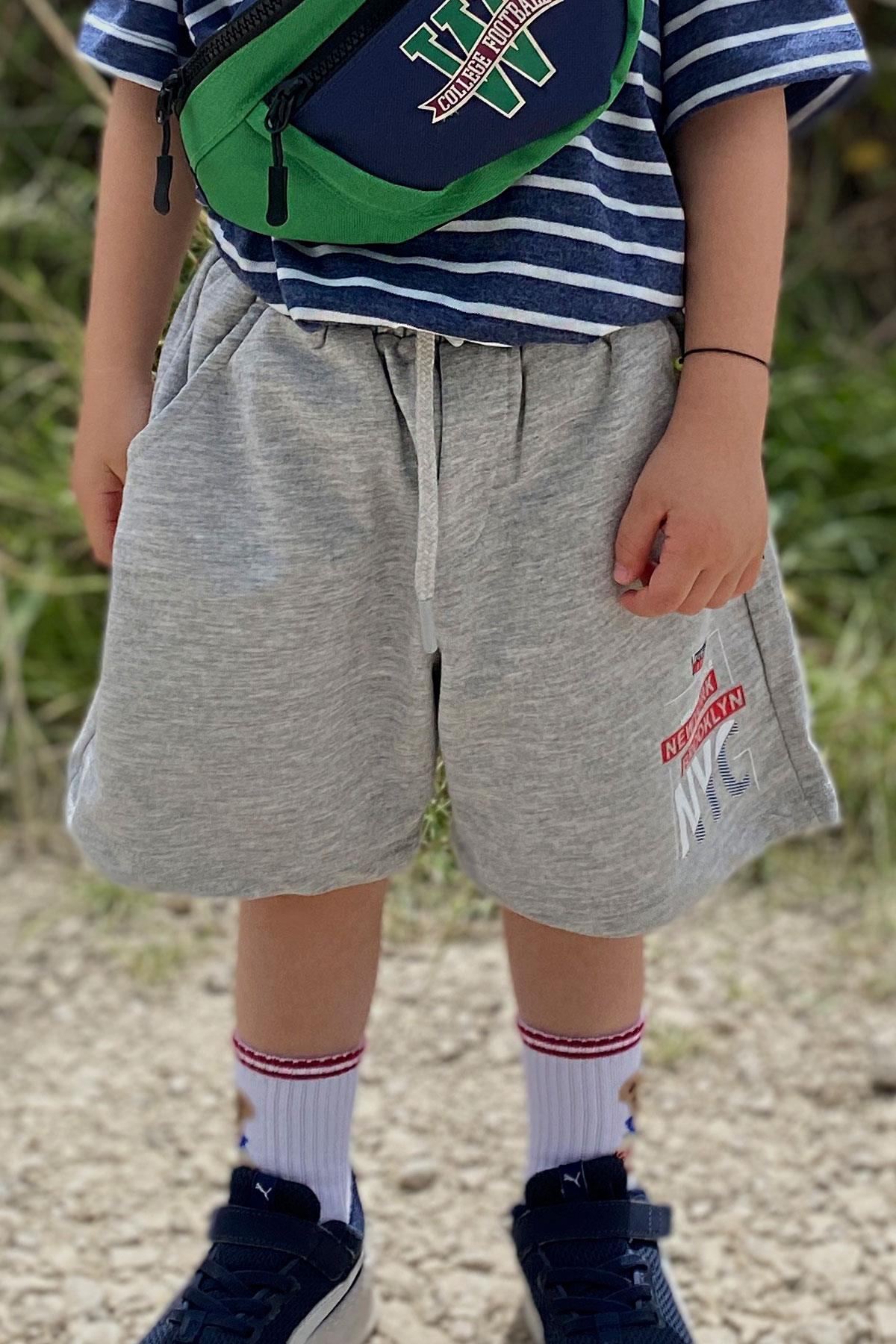 Breeze Erkek Çocuk Şort Yazı Baskılı Bağcıklı Cepli Açık Gri Melanj (3-7 Yaş)