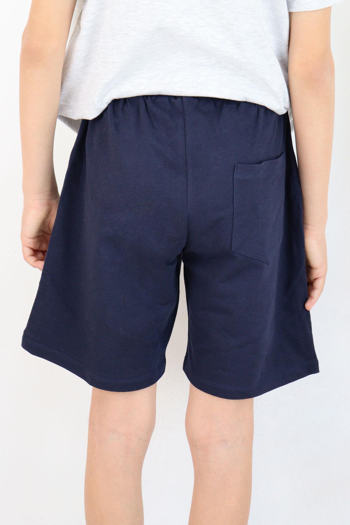 Breeze Erkek Çocuk Şort Yazı Baskılı Bağcıklı Cepli Beli Lastikli Lacivert (8-12 Yaş)