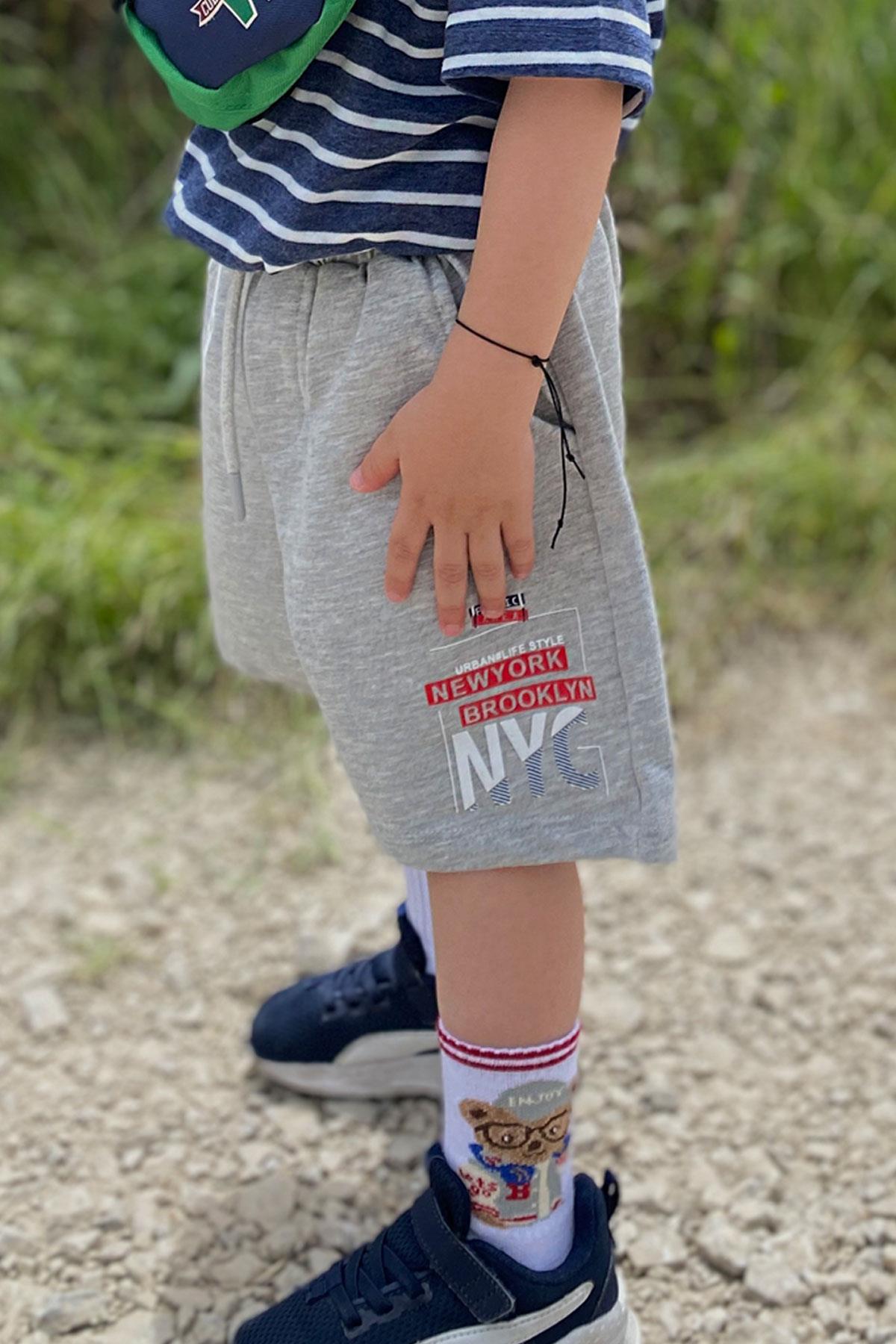 Breeze Erkek Çocuk Şort Yazı Baskılı Bağcıklı Cepli Açık Gri Melanj (3-7 Yaş)