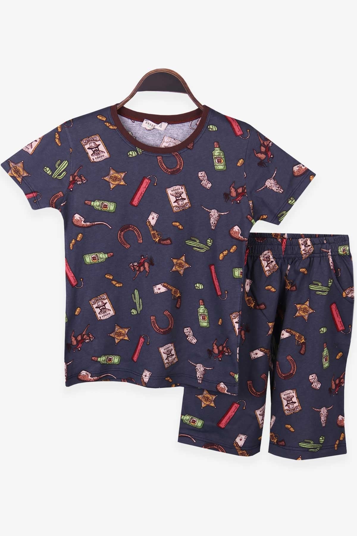 Breeze Erkek Çocuk Şortlu Pijama Takımı Teksas Temalı Füme (6-12 Yaş)