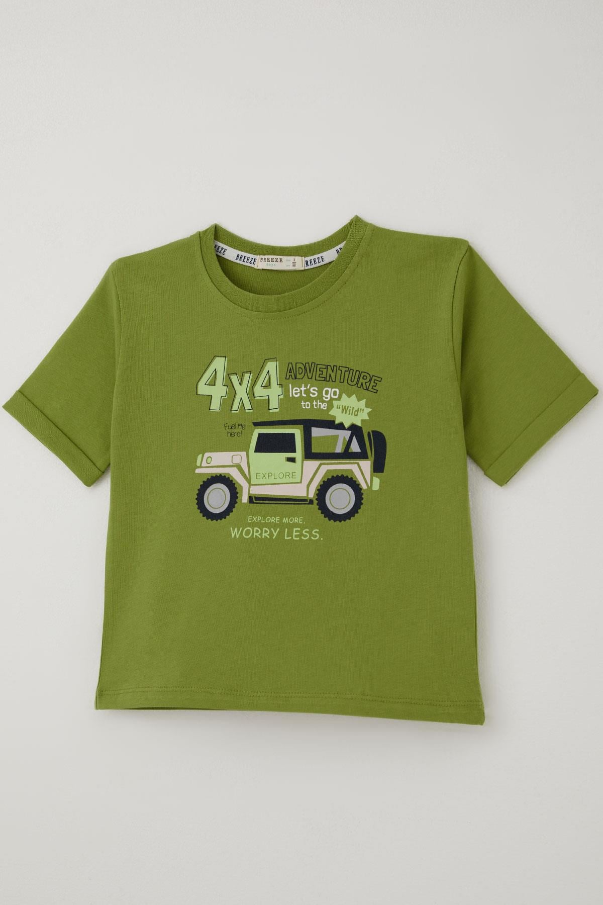 Breeze Erkek Çocuk Şortlu Takım 4x4 Arazi Araba Baskılı Yağ Yeşili (3-7 Yaş)