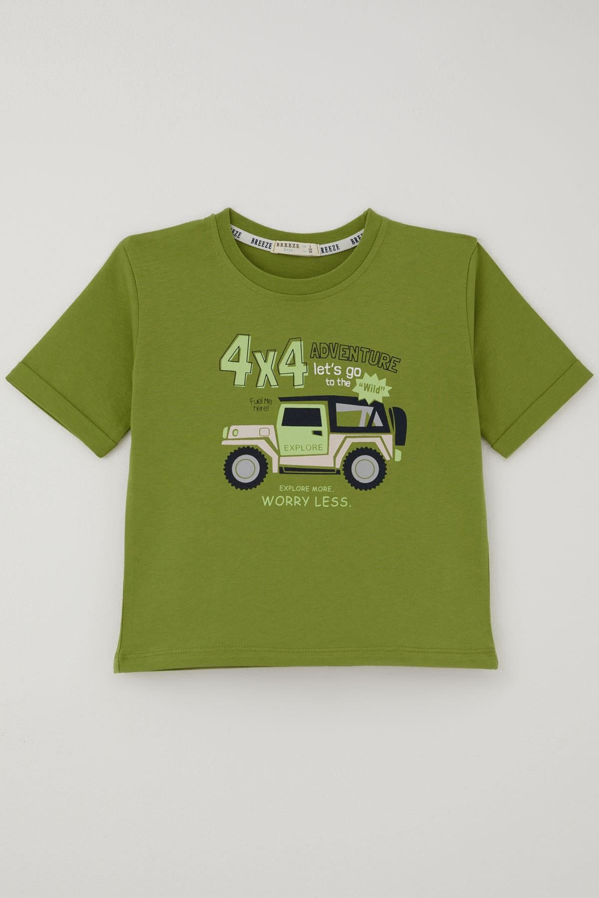 Breeze Erkek Çocuk Şortlu Takım 4x4 Arazi Araba Baskılı Yağ Yeşili (3-7 Yaş)