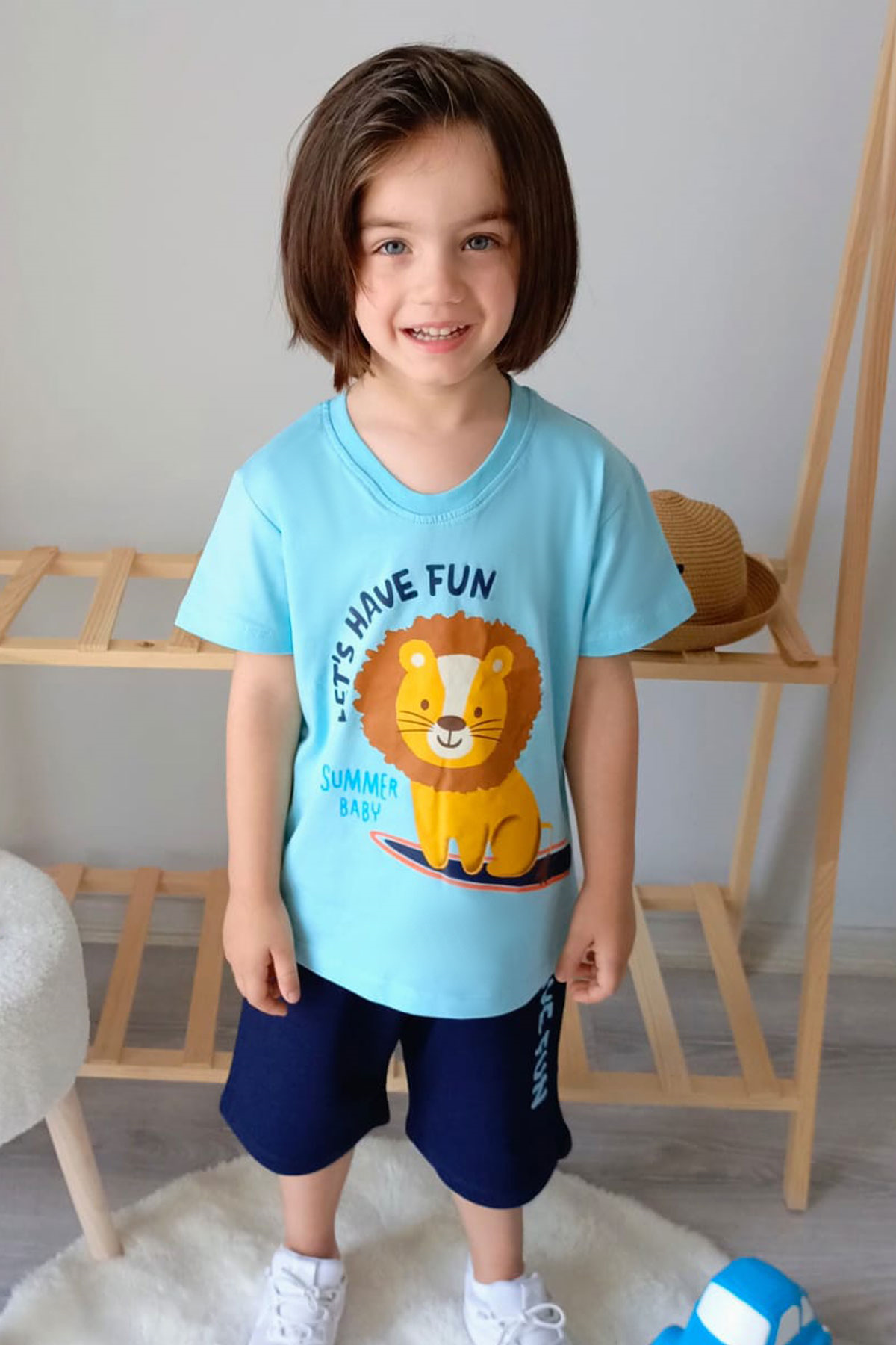 Breeze Erkek Çocuk Şortlu Takım Bebek Aslancık Baskılı Açık Mavi (1-4 Yaş)