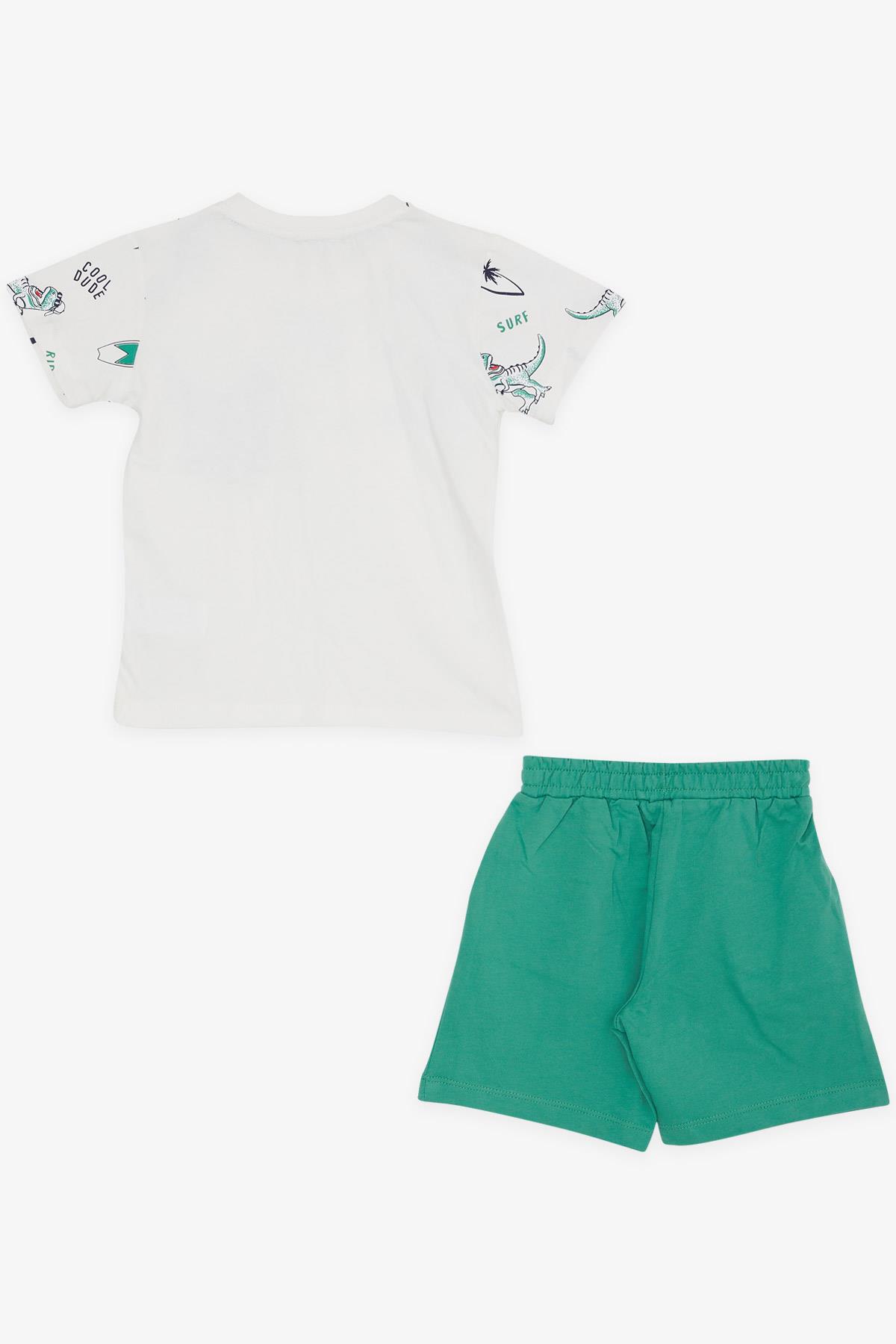 Breeze Erkek Çocuk Şortlu Takım Cepli Havalı Dinozor Desenli Beyaz (1.5-5 Yaş)