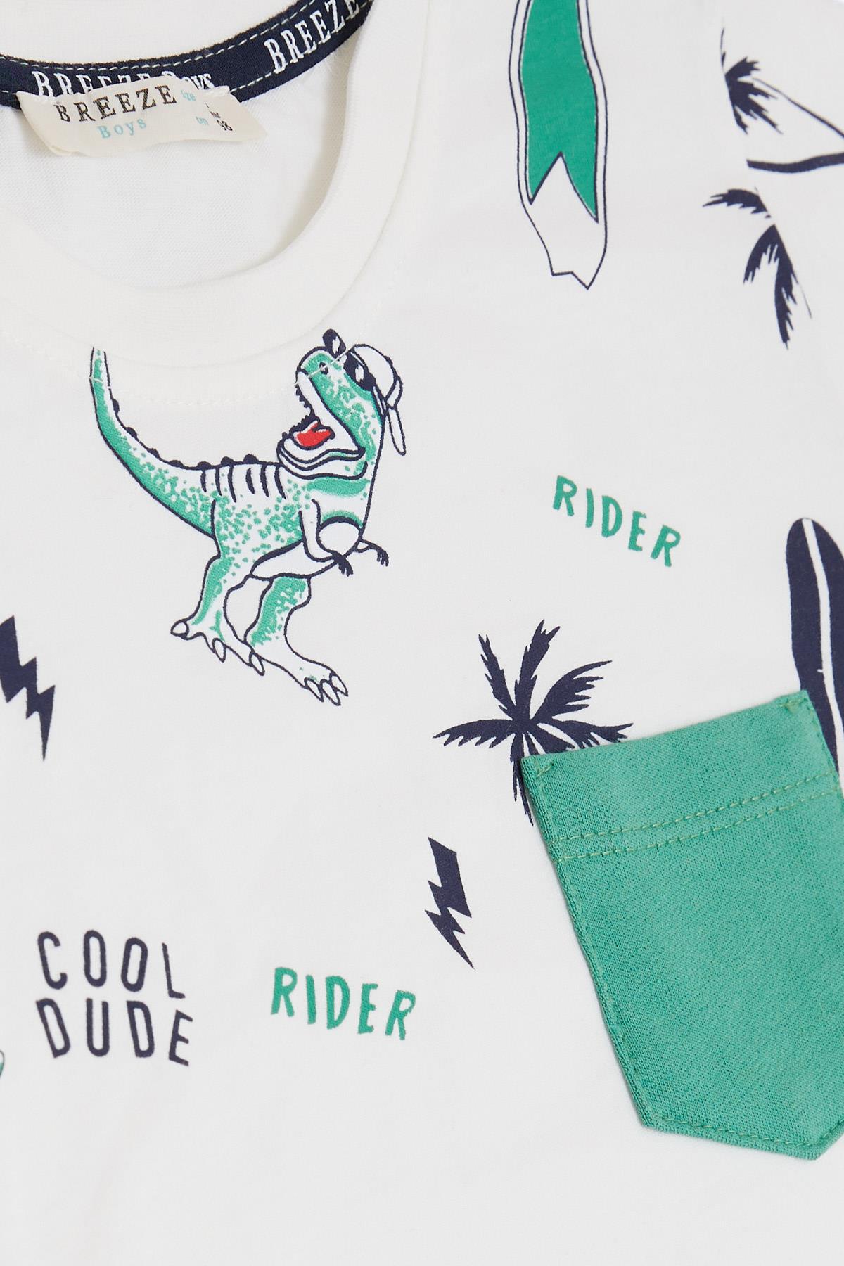 Breeze Erkek Çocuk Şortlu Takım Cepli Havalı Dinozor Desenli Beyaz (1.5-5 Yaş)