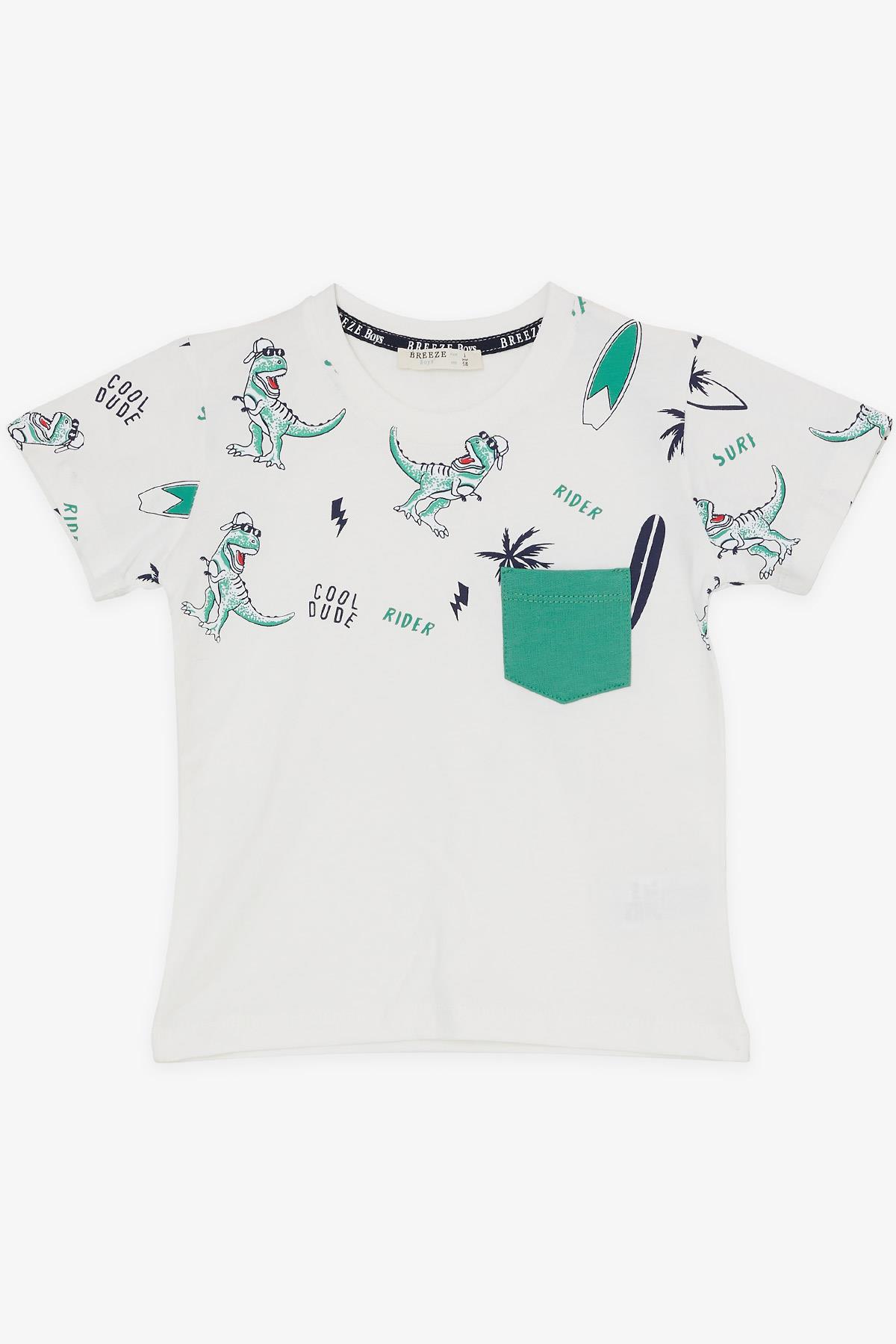 Breeze Erkek Çocuk Şortlu Takım Cepli Havalı Dinozor Desenli Beyaz (1.5-5 Yaş)