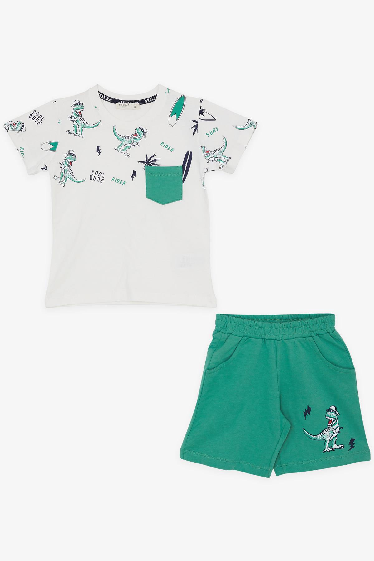 Breeze Erkek Çocuk Şortlu Takım Cepli Havalı Dinozor Desenli Beyaz (1.5-5 Yaş)