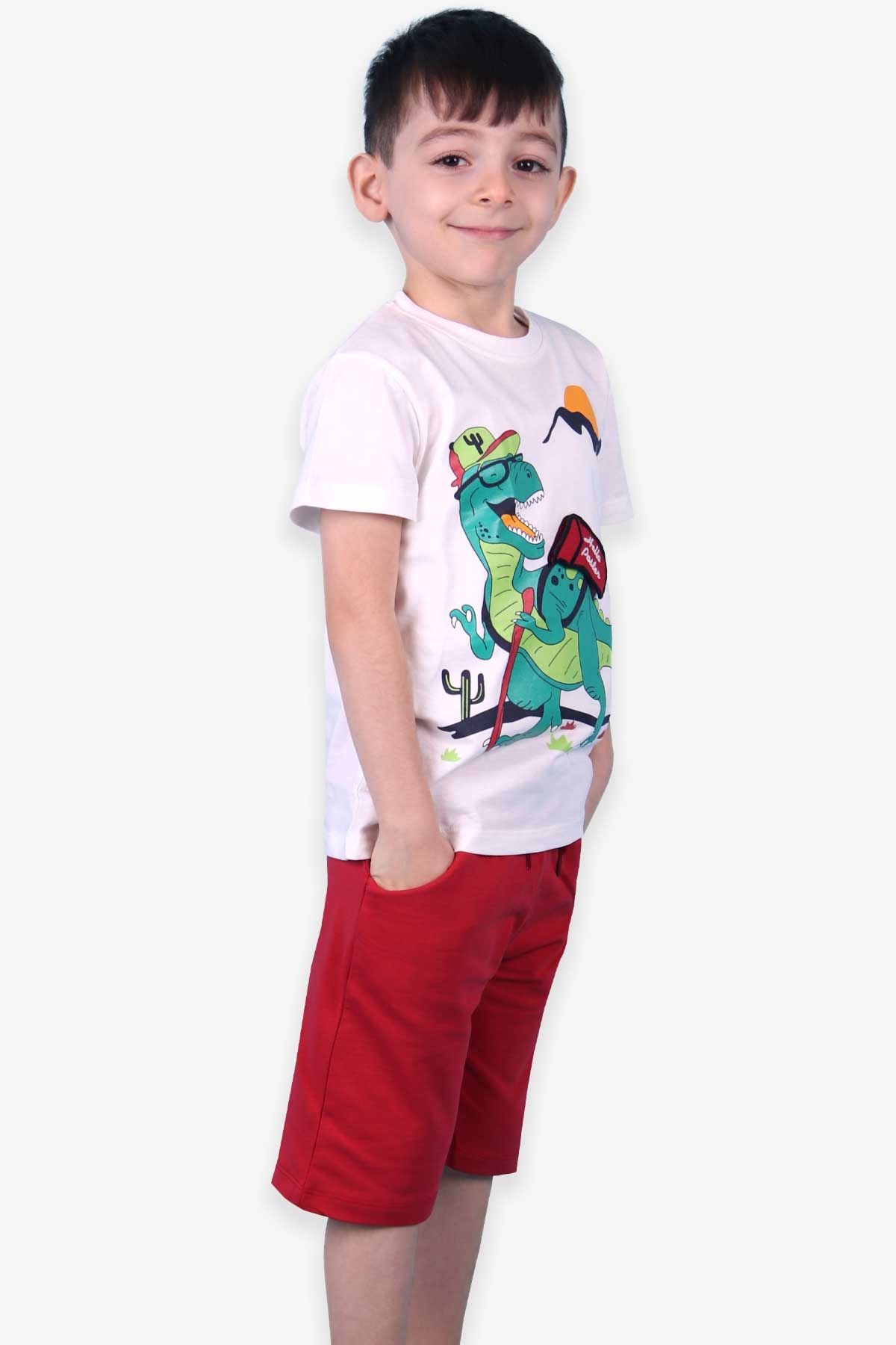 Breeze Erkek Çocuk Şortlu Takım Dinozor Baskılı Ekru (4-8 Yaş)