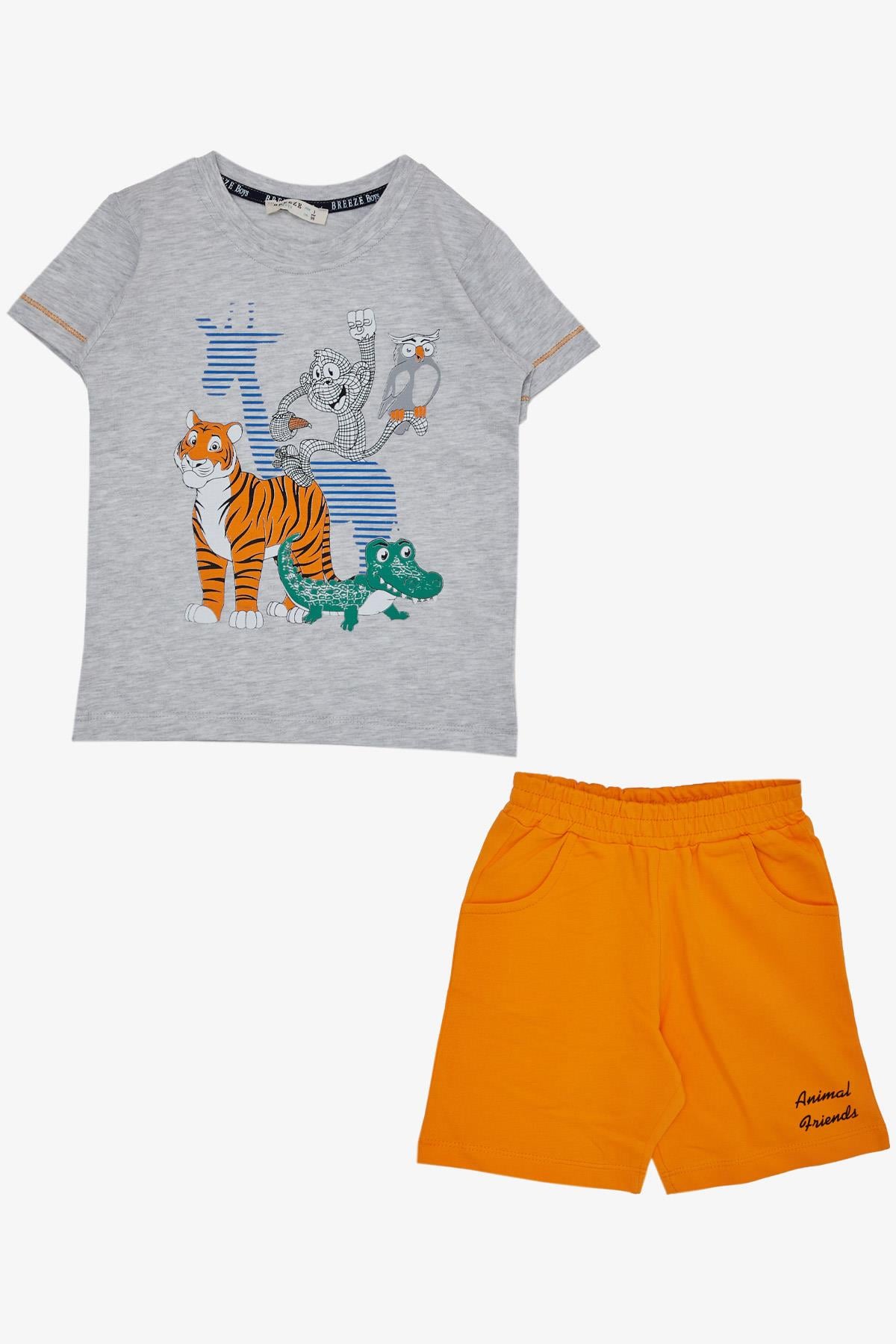 Breeze Erkek Çocuk Şortlu Takım Dostluk Temalı Hayvancık Baskılı Açık Gri Melanj (1.5-5 Yaş)