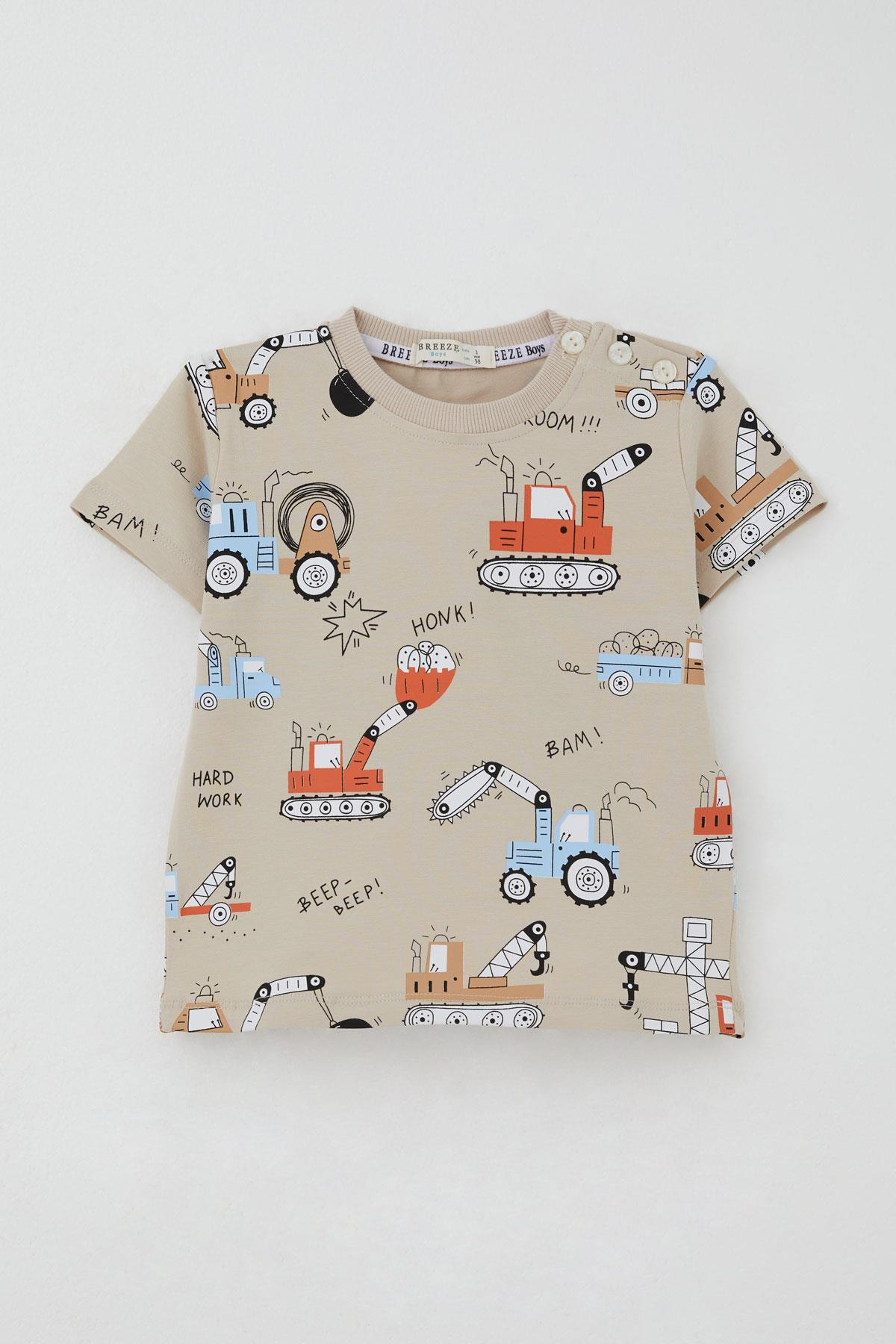 Breeze Erkek Çocuk Şortlu Takım Eğlenceli İş Makineleri Desenli Bej (1.5-5 Yaş)