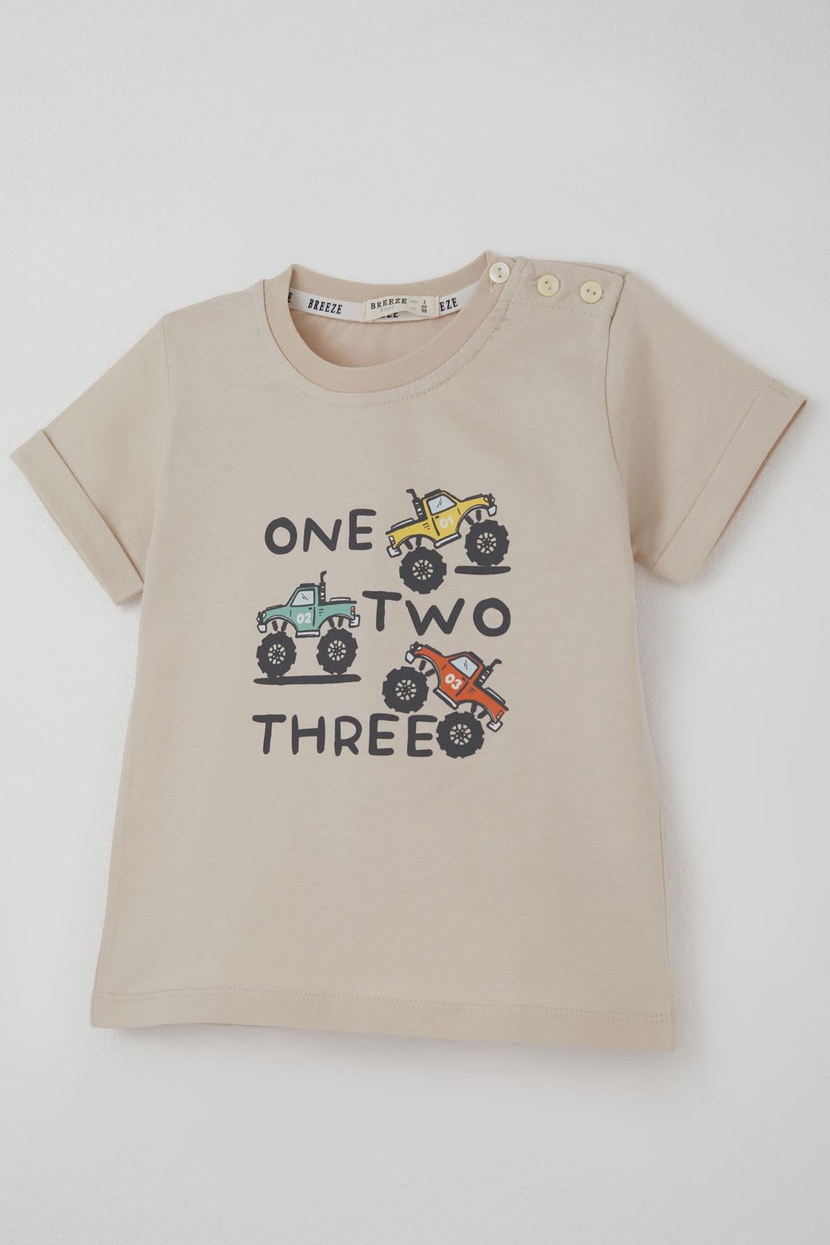 Breeze Erkek Çocuk Şortlu Takım Monster Trucks Baskılı Bej (1-4 Yaş)