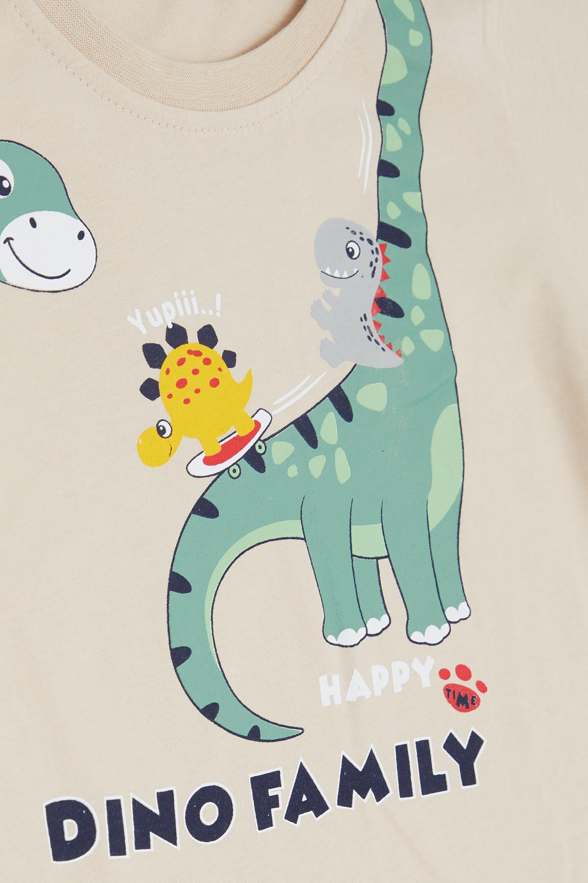 Breeze Erkek Çocuk Şortlu Takım Mutlu Dinozor Aile Baskılı Bej (1-4 Yaş)