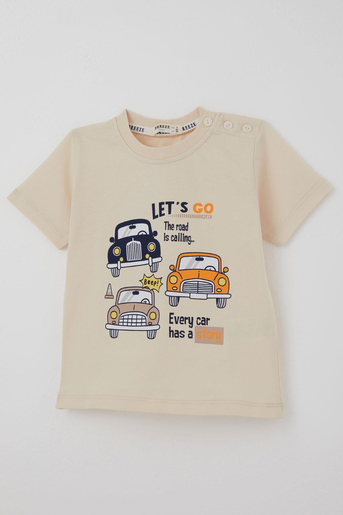 Breeze Erkek Çocuk Şortlu Takım Retro Araba Baskılı Krem (1.5-5 Yaş)